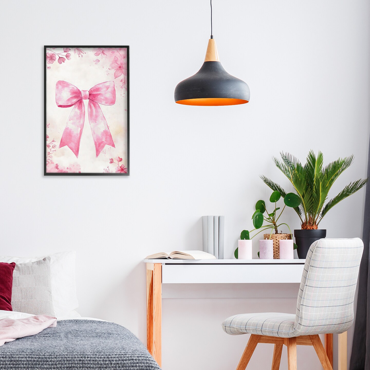 Stupell Industries Whimsical Floral Bow Pink & Beige Framed Giclee, design by Creative Studio