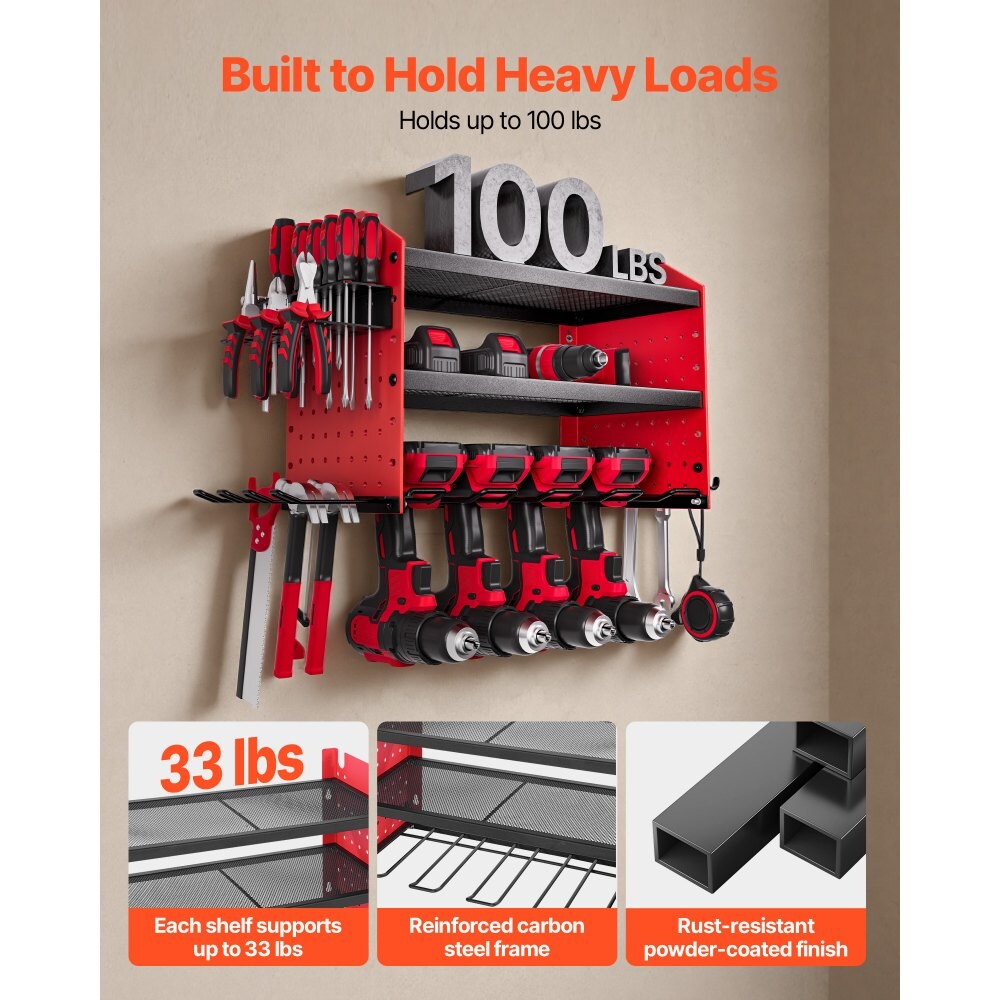 3 Tier Wall Mounted Power Tool Organizer Rack Matte Red with 4 Drill Slots Adjustable Shelf Pegboard Sides