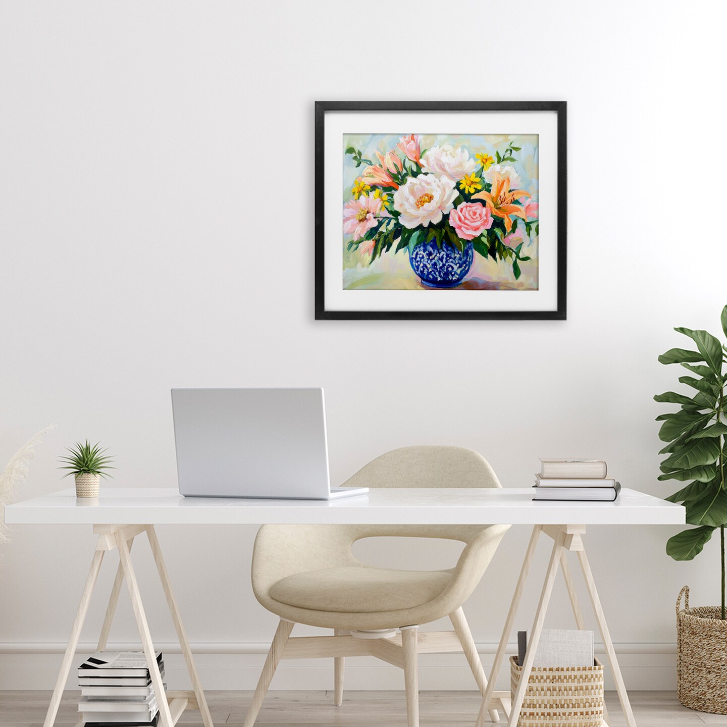 Stupell Industries Indigo Chinoiserie with Assorted Flowers Framed Print Under Glass, design by Petal Prints Design