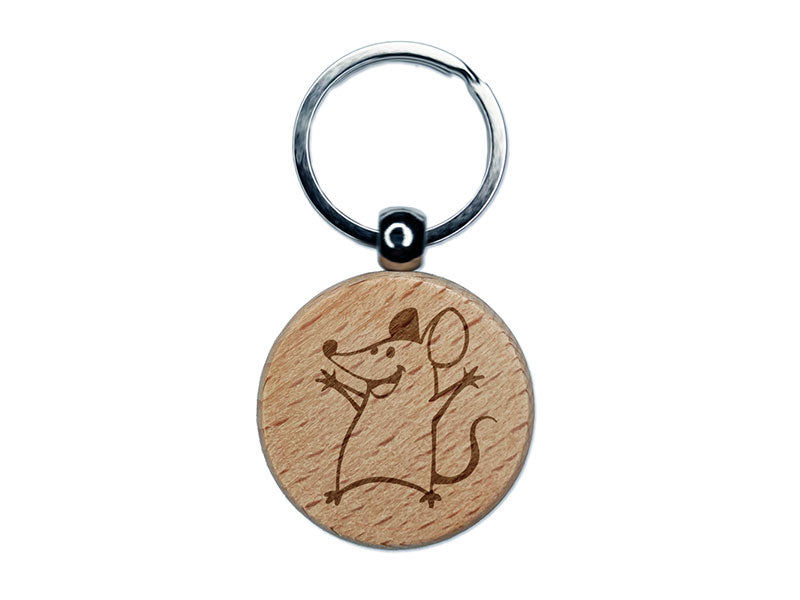 Cheering Happy Cartoon Mouse Engraved Wood Round Keychain Tag