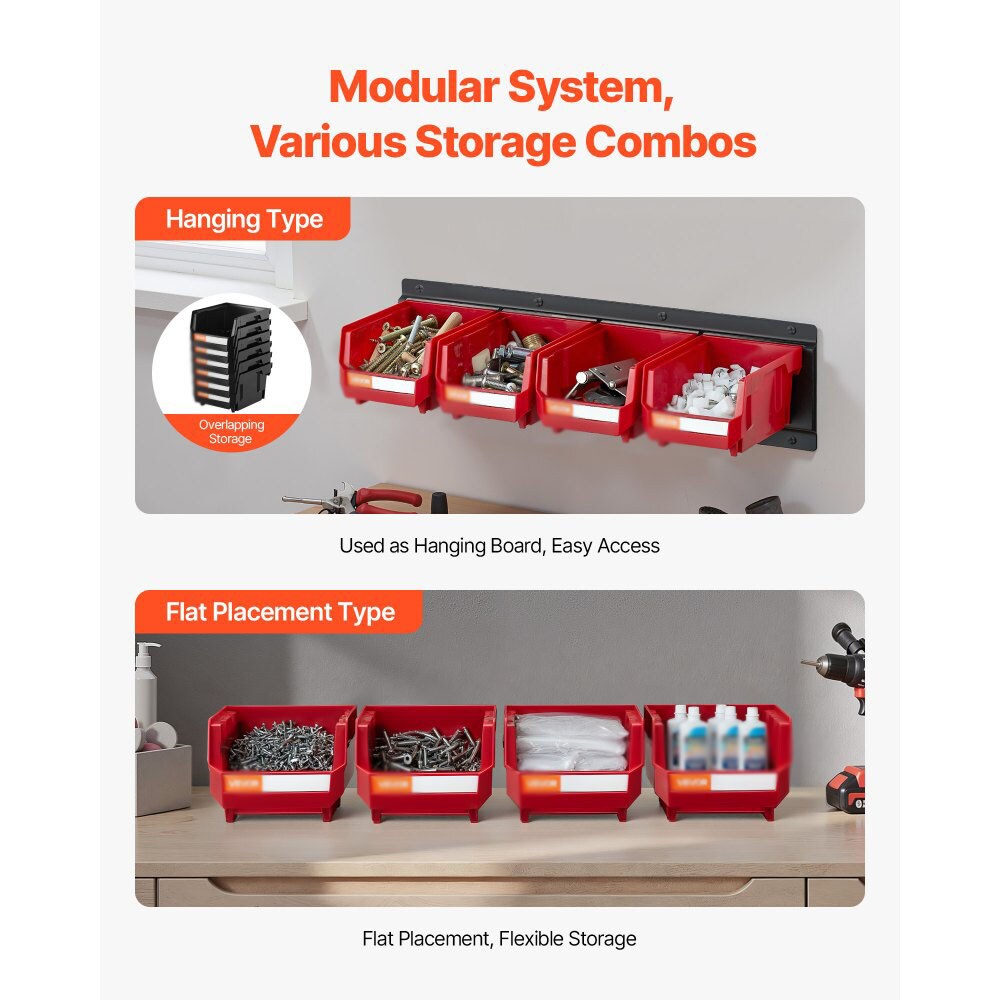 Durable Wall Mounted Storage Bins Red and Black Stackable PP and Steel Pegboard Organizer