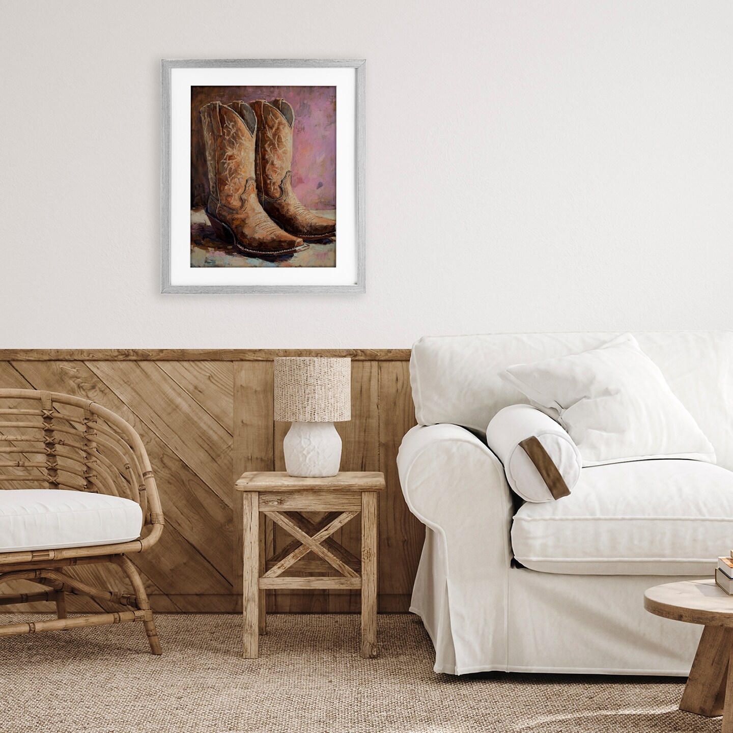 Stupell Industries Distressed Brown Cowboy Boots Framed Print Under Glass, design by Petal Prints Design