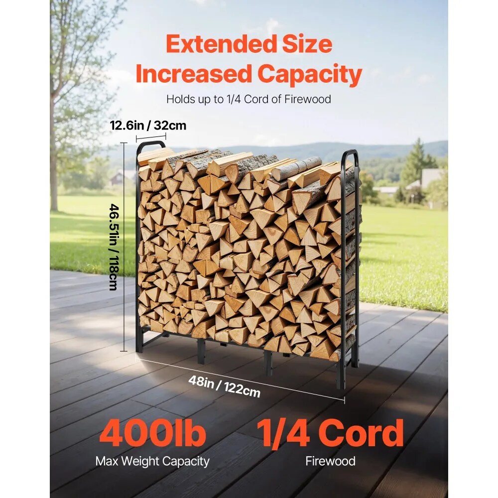 4 Ft Outdoor Firewood Rack Full Covered Metal Log Holder Powder-Coated