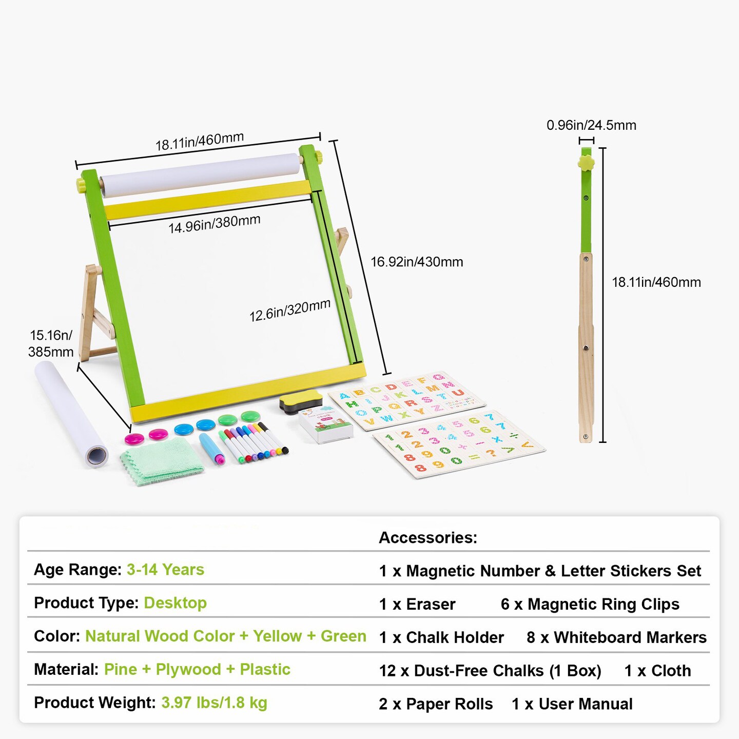 Tabletop Kids Art Easel 3 in 1 Wooden Double Sided with Whiteboard Chalkboard Paper Roll