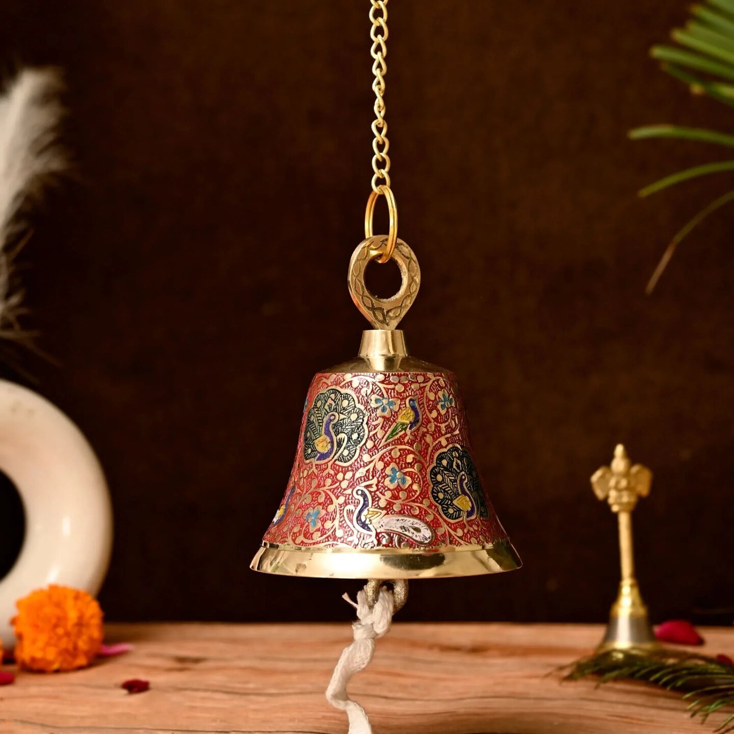 Antique Brass Hanging Bells with Chain for Temple Pooja Room Mandir Decor Peacock Print Small Hanging Bell - 4.75x4 inch Puja Ghanti for Housewarming Gift (Chain Length With Hook 12 Inches)