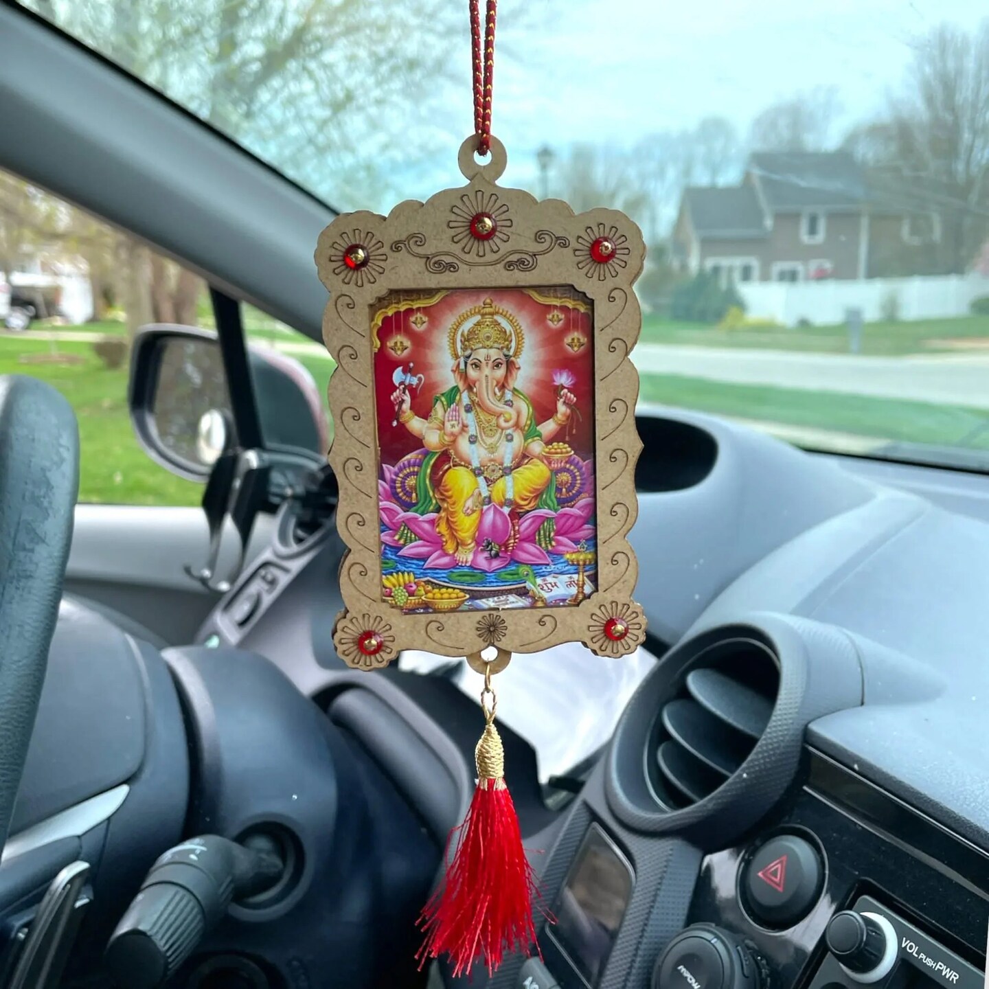 Hindu Car Hanging Ornament Car Hanger Photo Frame Rear View Mirror Car Charm Interior Decoration Accessories Car Dashboard Decor Ganesha Krishna Hanuman Om Balaji Shiv (pack of 1)