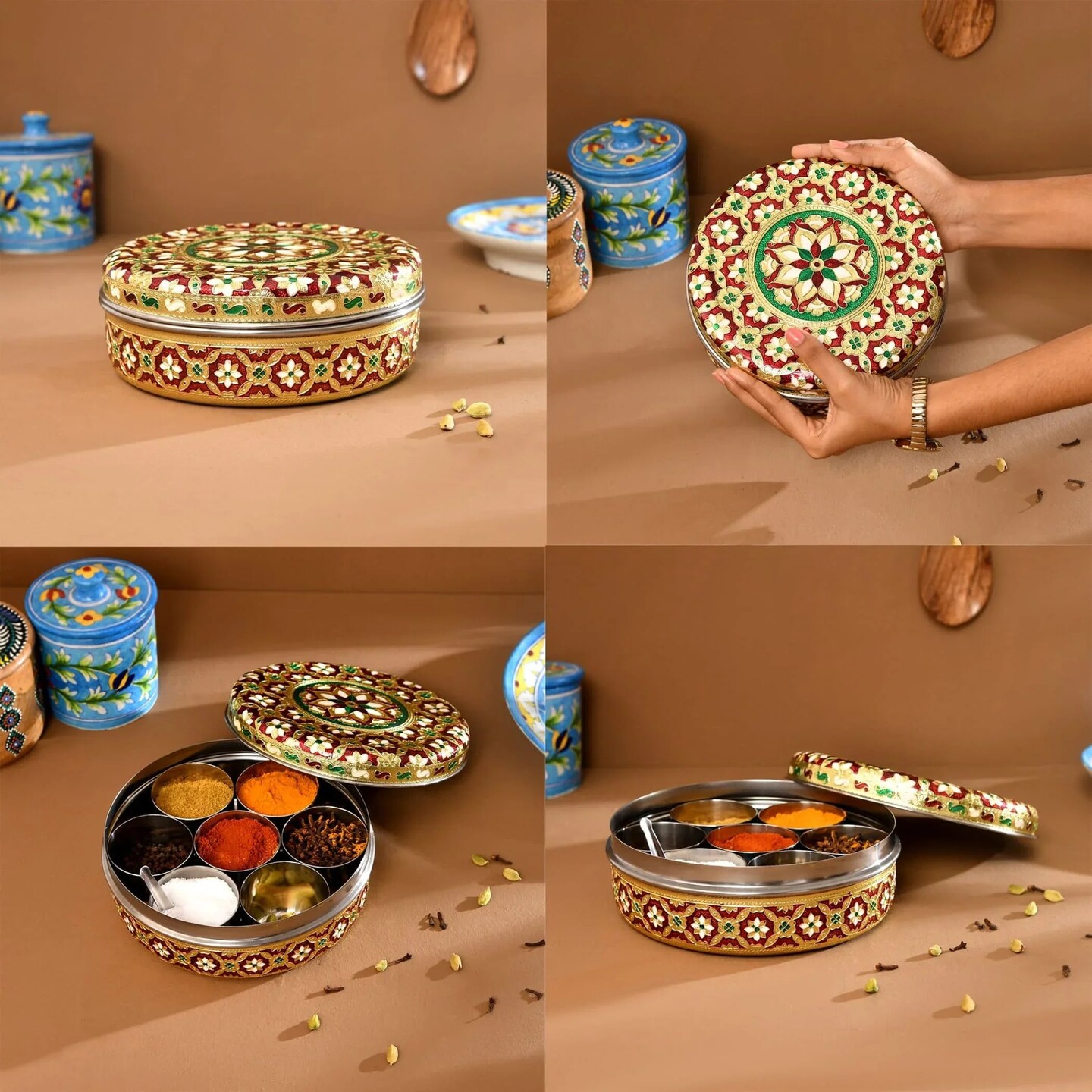 Meenakari Steel Indian Spices Box Designer Small Round Masala Box Spice Organizer Masala Dabba Kitchen Essentials Home Decor Housewarming Gift