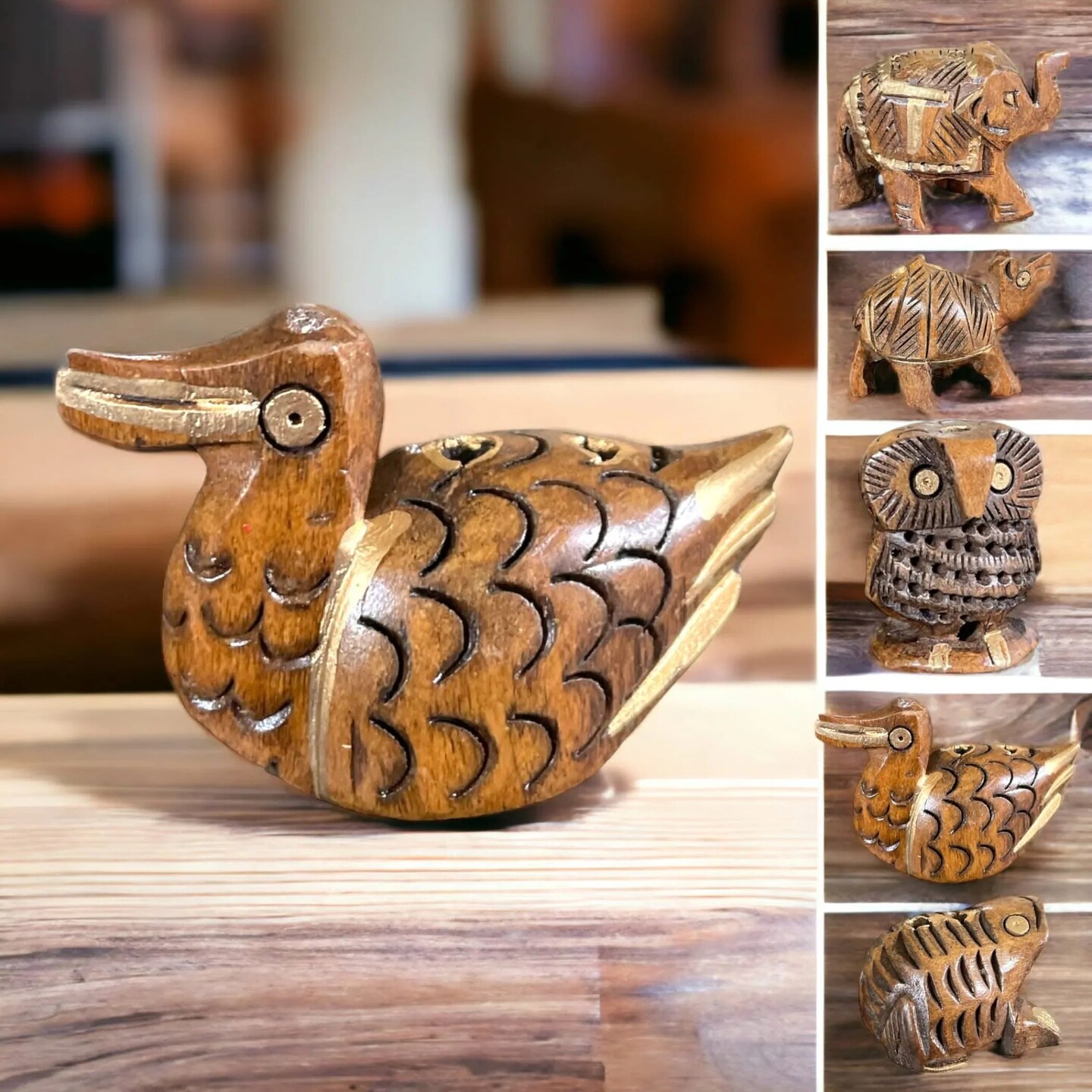 Set of 5 Wooden Animal Handmade Showpiece, Elephant, Duck, Owl, Frog & Camel