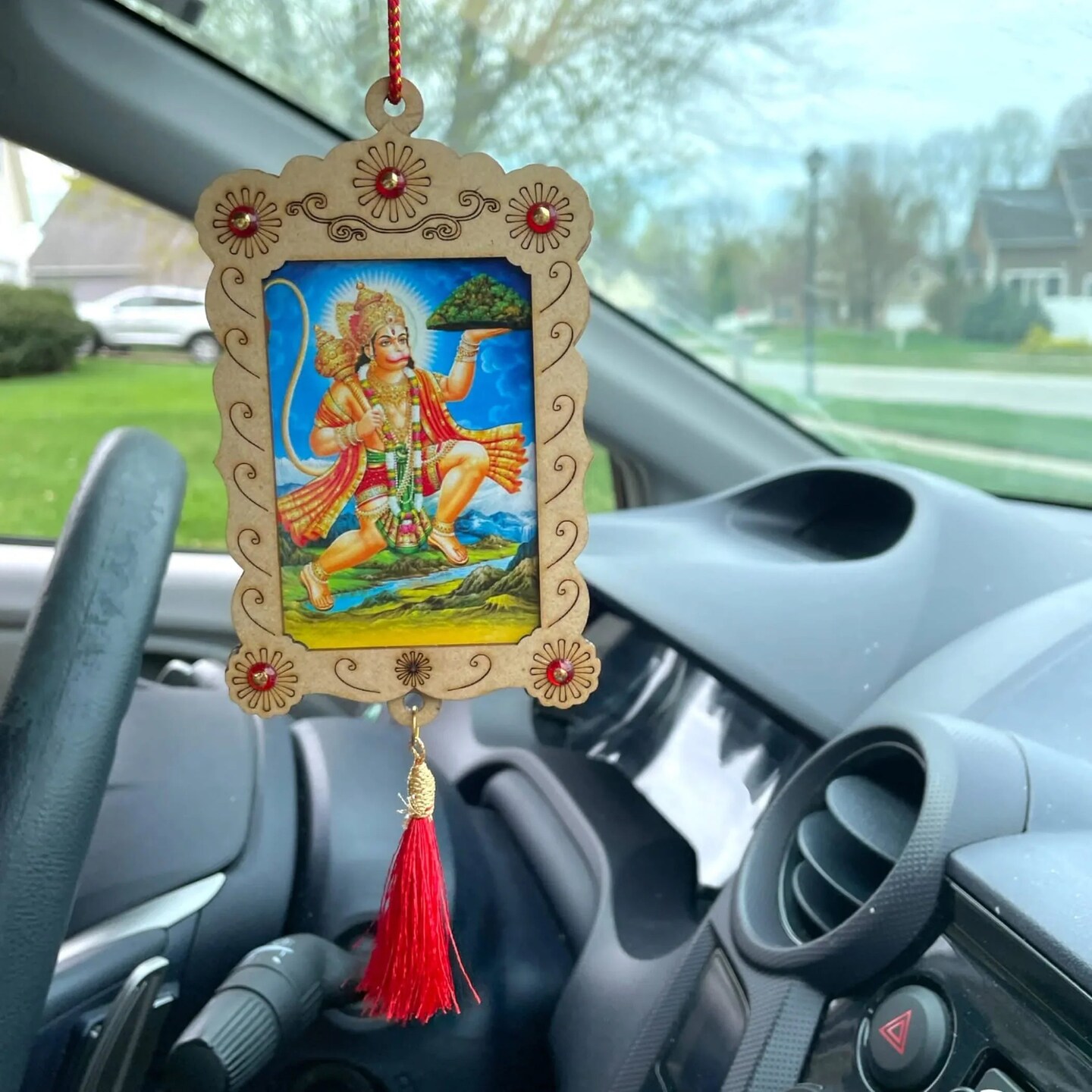 Hindu Car Hanging Ornament Car Hanger Photo Frame Rear View Mirror Car Charm Interior Decoration Accessories Car Dashboard Decor Ganesha Krishna Hanuman Om Balaji Shiv (pack of 1)