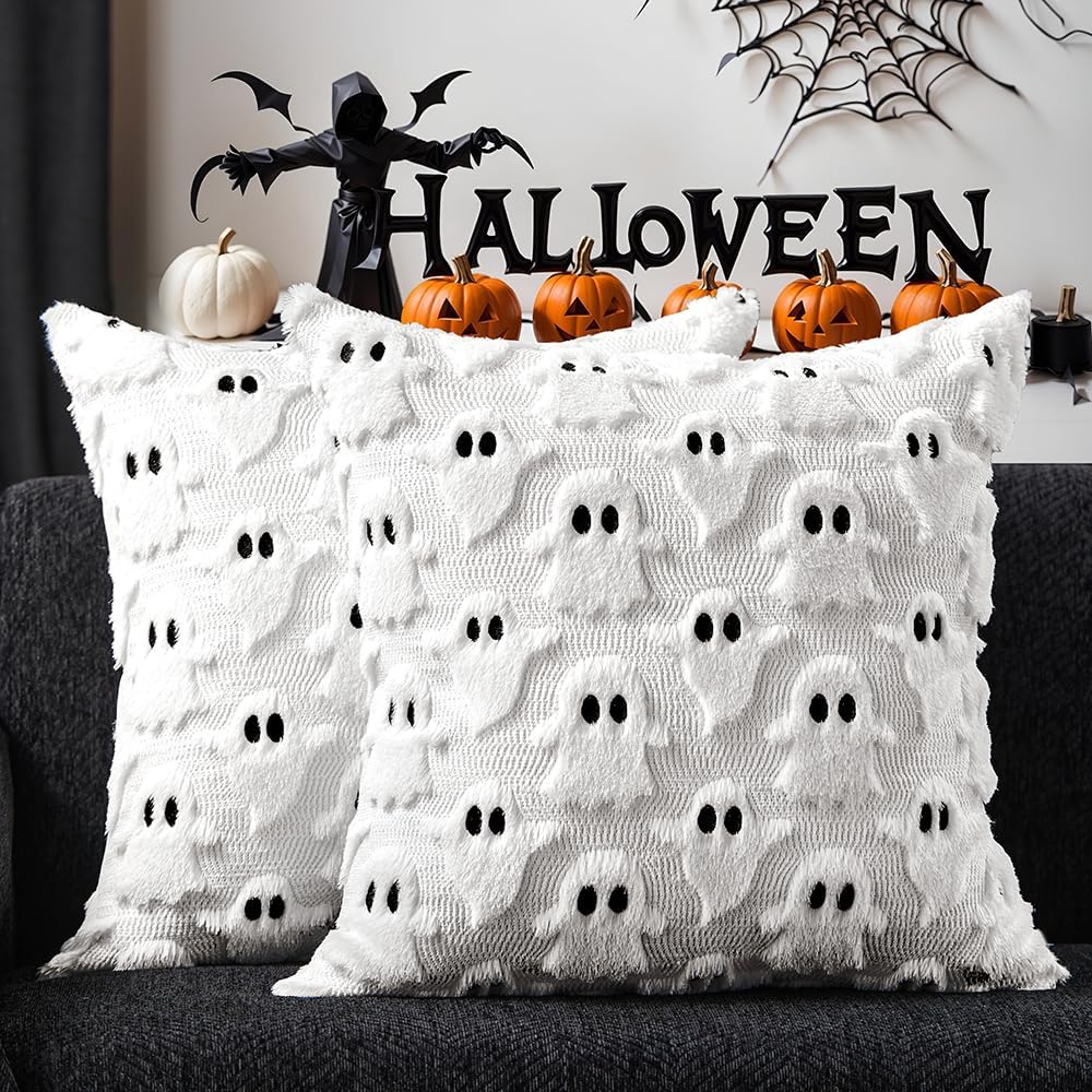 Halloween Pillow Covers 18x18 &#x2013; Set of 2 Ghost Faux Fur Cushion Cases for Sofa, Chair &#x26; Bedroom Decor