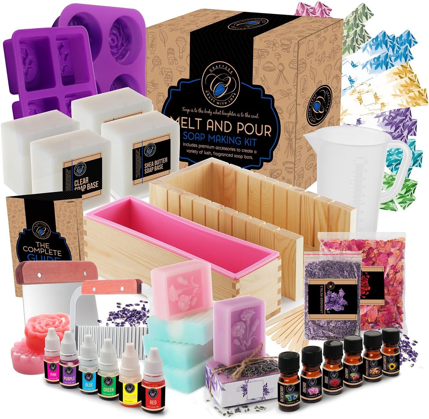 Deluxe Soap Making Kit – All-in-One, Melt & Pour Base, Cutter, Silicone Molds & Fragrances.