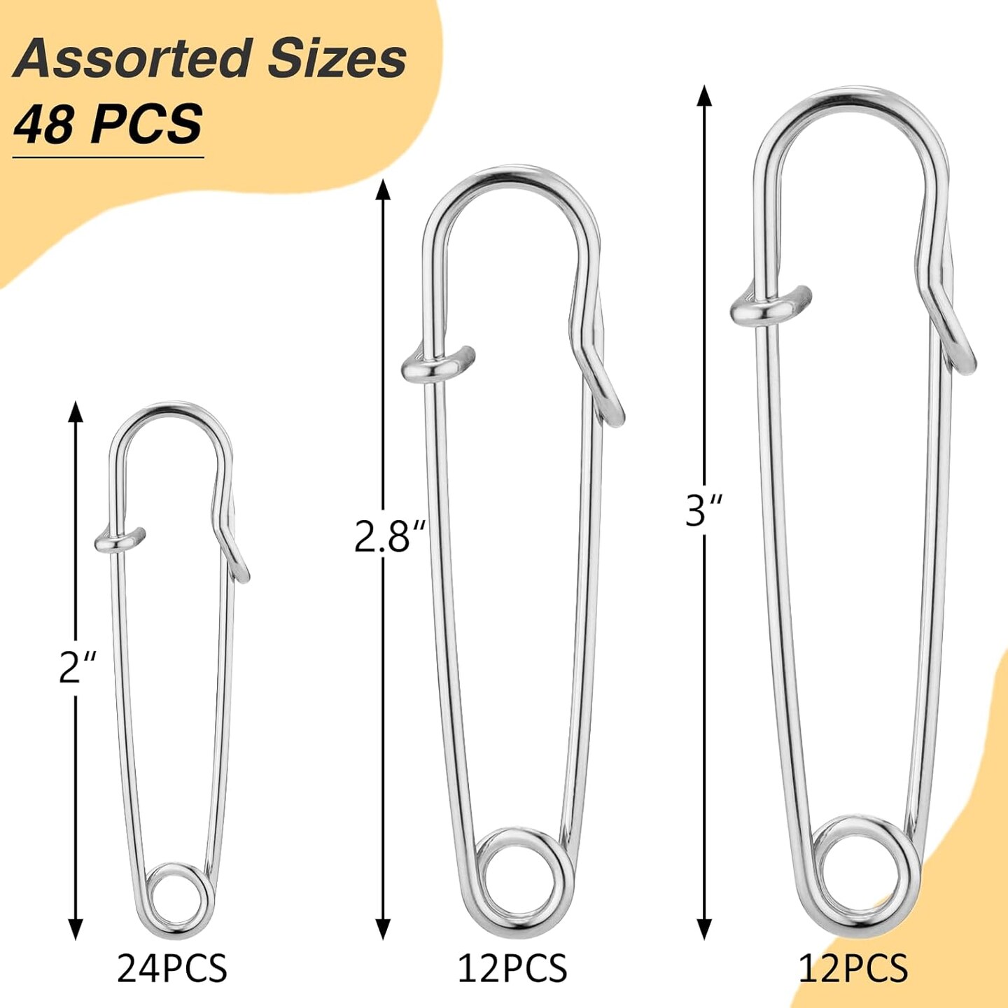 48 Pcs Heavy Duty Safety Pins Assorted Sizes 2&#x27;&#x27;, 2.8&#x27;&#x27;, 3&#x27;&#x27;, Large Safety Pins, Pack of 48 Strong, Sturdy Bulk Pins, for Clothes, Blankets, Crafts, Kilts, Stainless Steel Wire Extra Sturdy