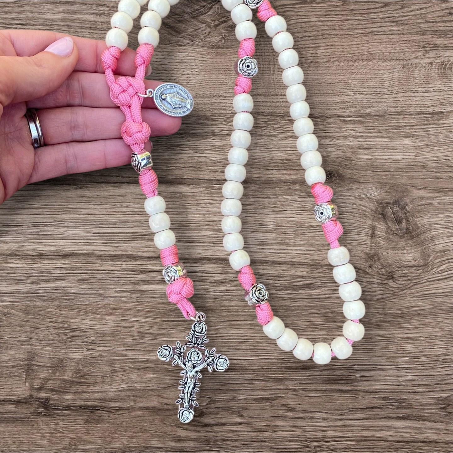 St Therese Paracord Rosary, Rose Crucifix, Pink Paracord Rose