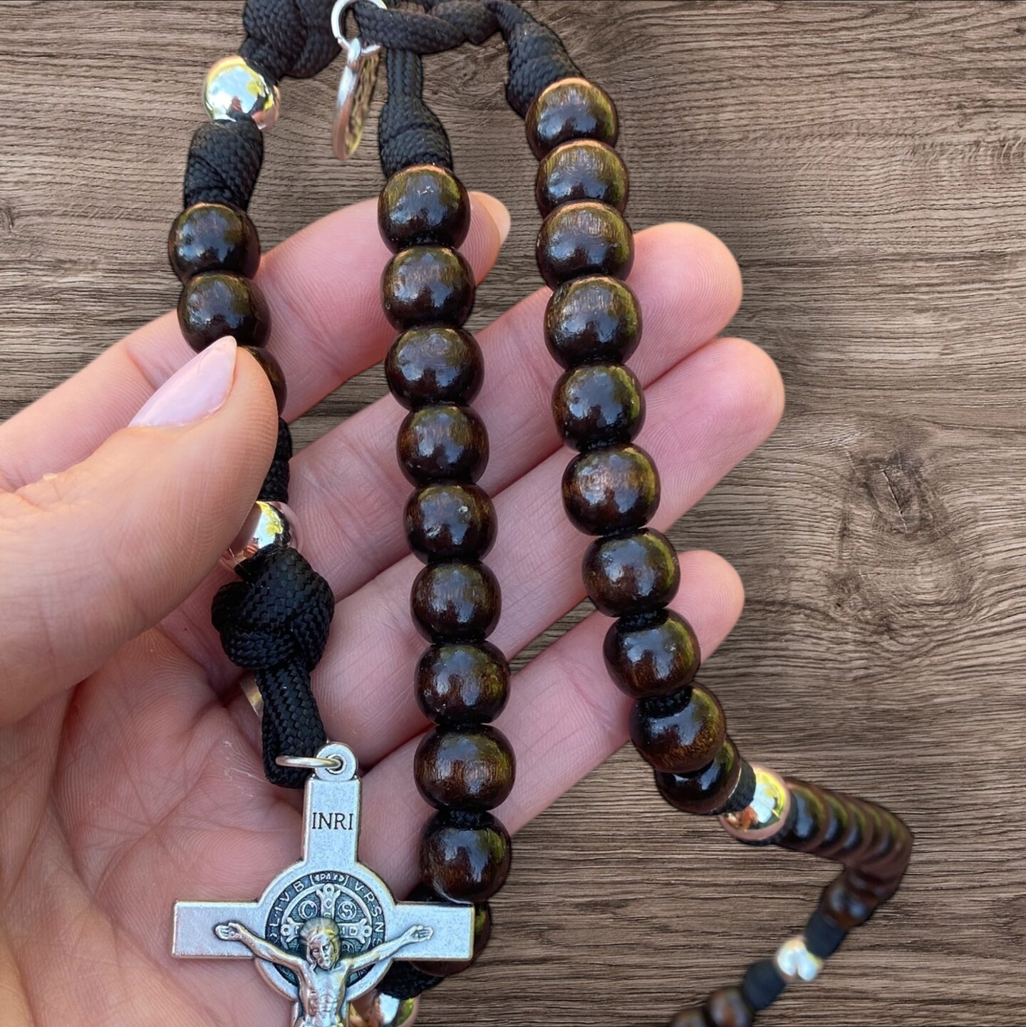 Tough Men's Paracord Rosary, Saint Benedict Sturdy Black Paracord