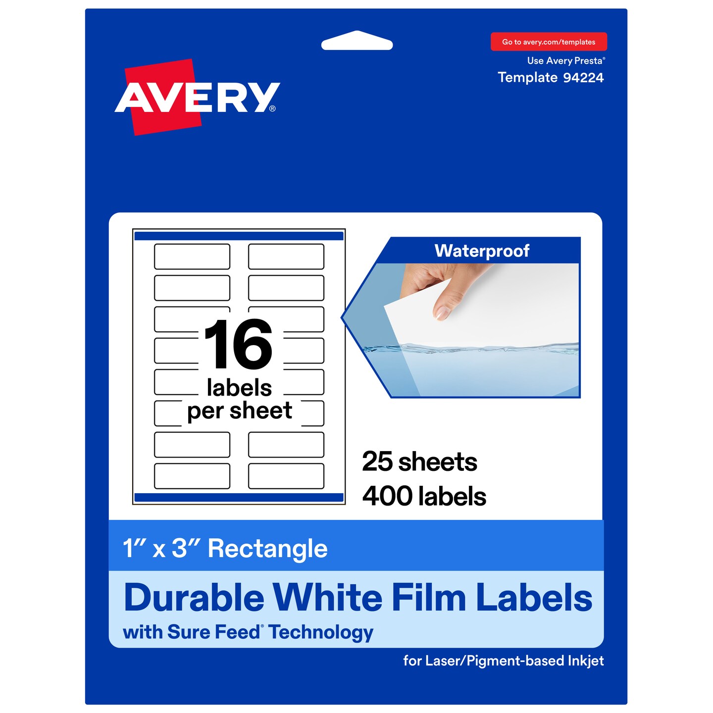 Avery Durable Waterproof Rectangle Labels with Sure Feed, 1" x 3"