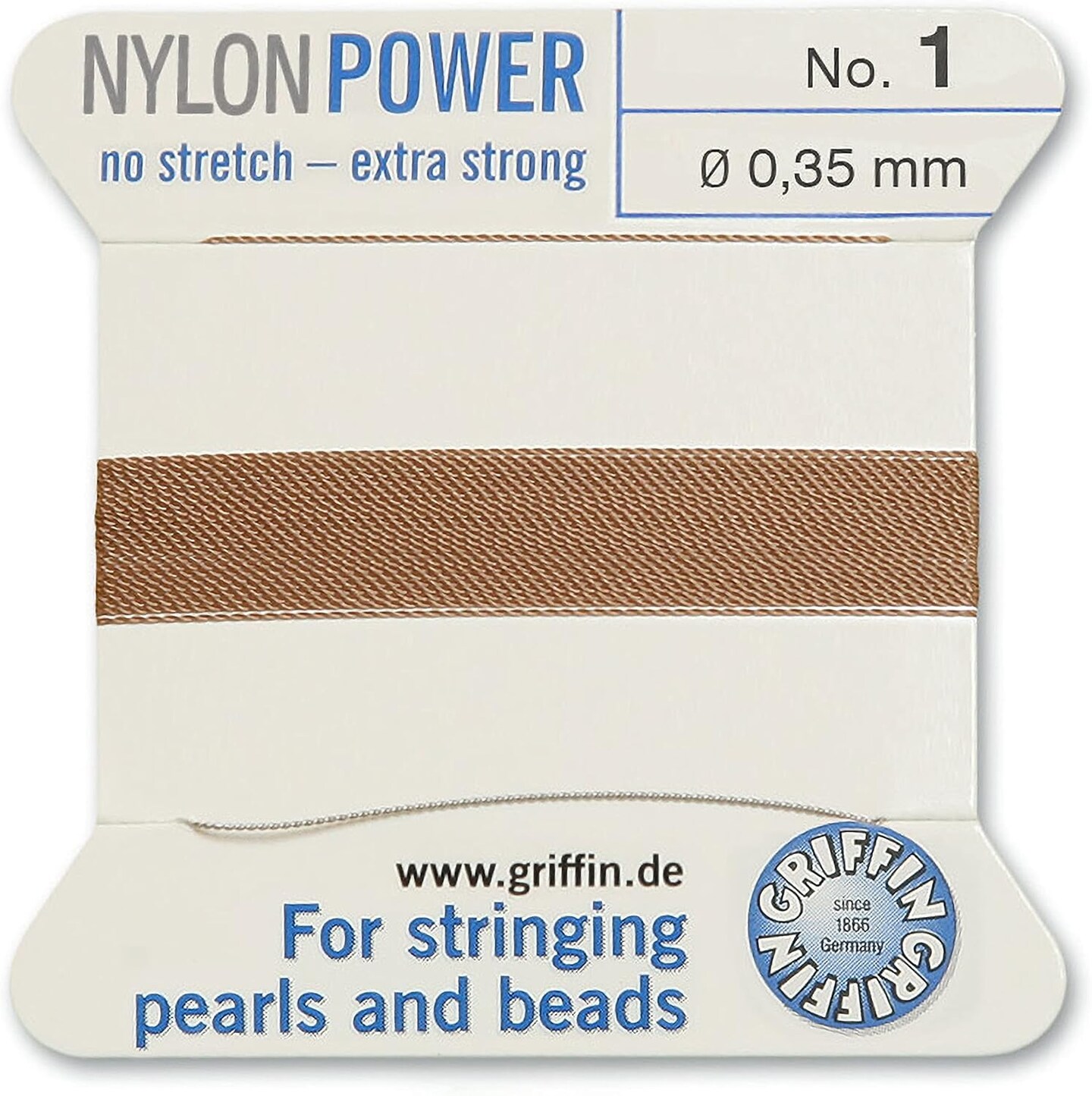 Griffin Nylon Bead Cord Perlseide – Size 1 (0.35mm) – 2 Meters per Card – Stainless Steel Needle Attached – for Knotting Pearls, Gemstones, Crystals and Beads