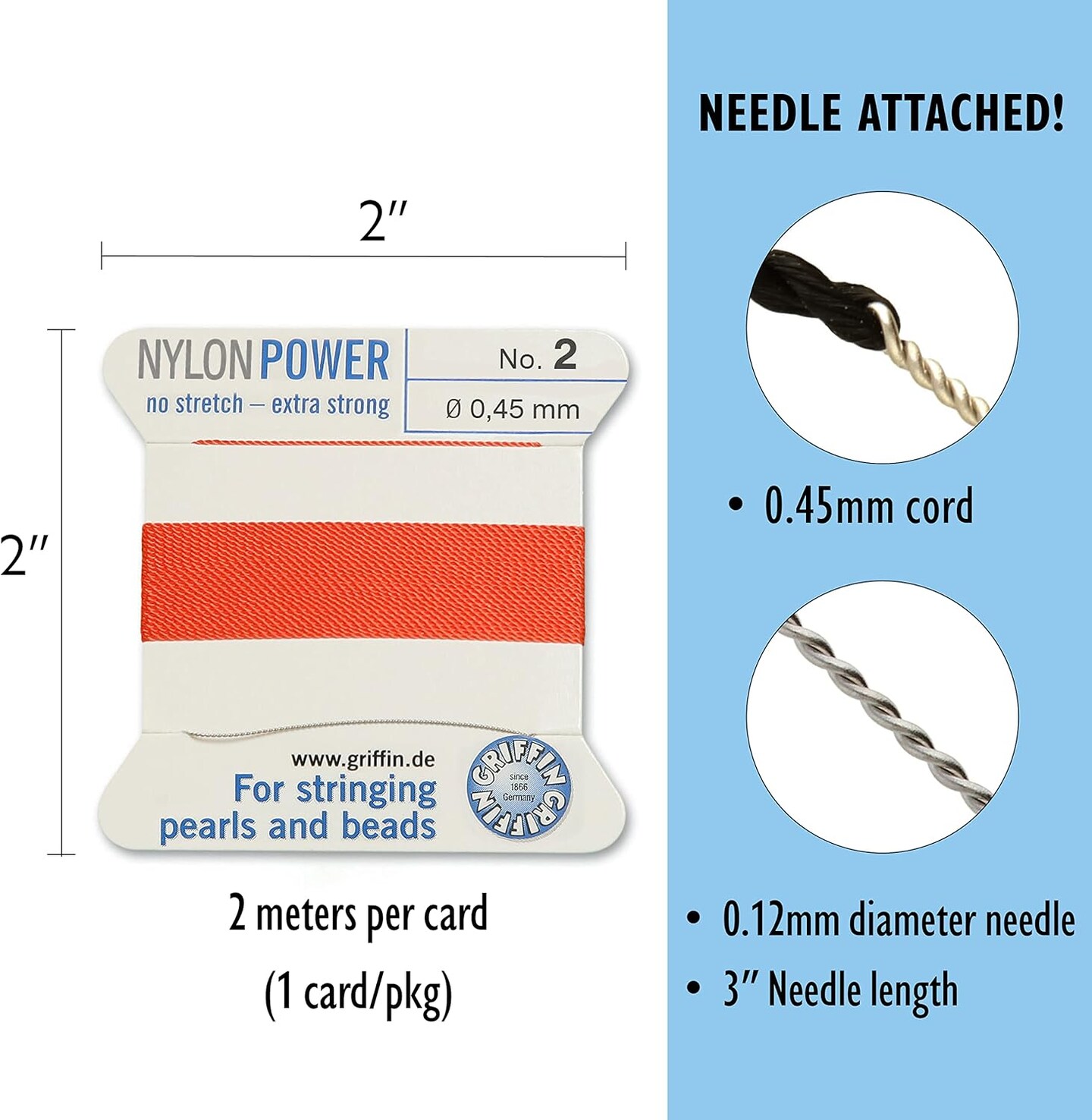 Griffin Nylon Bead Cord Perlseide – Size 2 (0.45mm) – 2 Meters per Card – Stainless Steel Needle Attached – for Knotting Pearls, Gemstones, Crystals and Beads