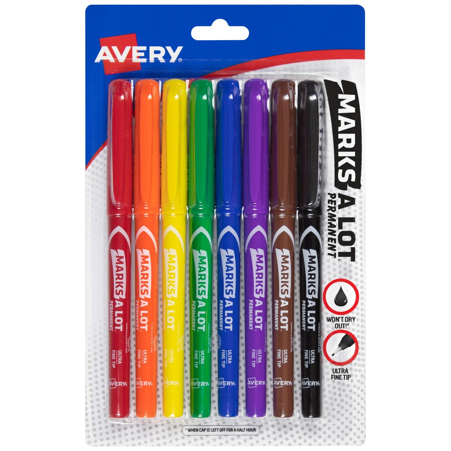 Avery Marks A Lot Permanent Markers, Pen-Style Size, Ultra Fine Tip, 8 Assorted Markers (09231)