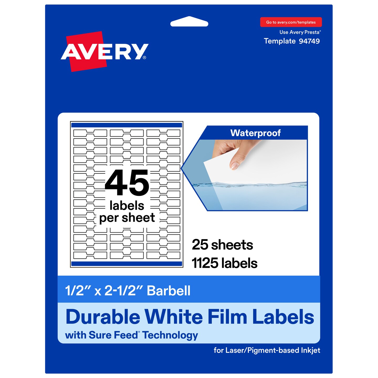 Avery Durable Waterproof Barbell Labels with Sure Feed, 1/2" x 2.5"