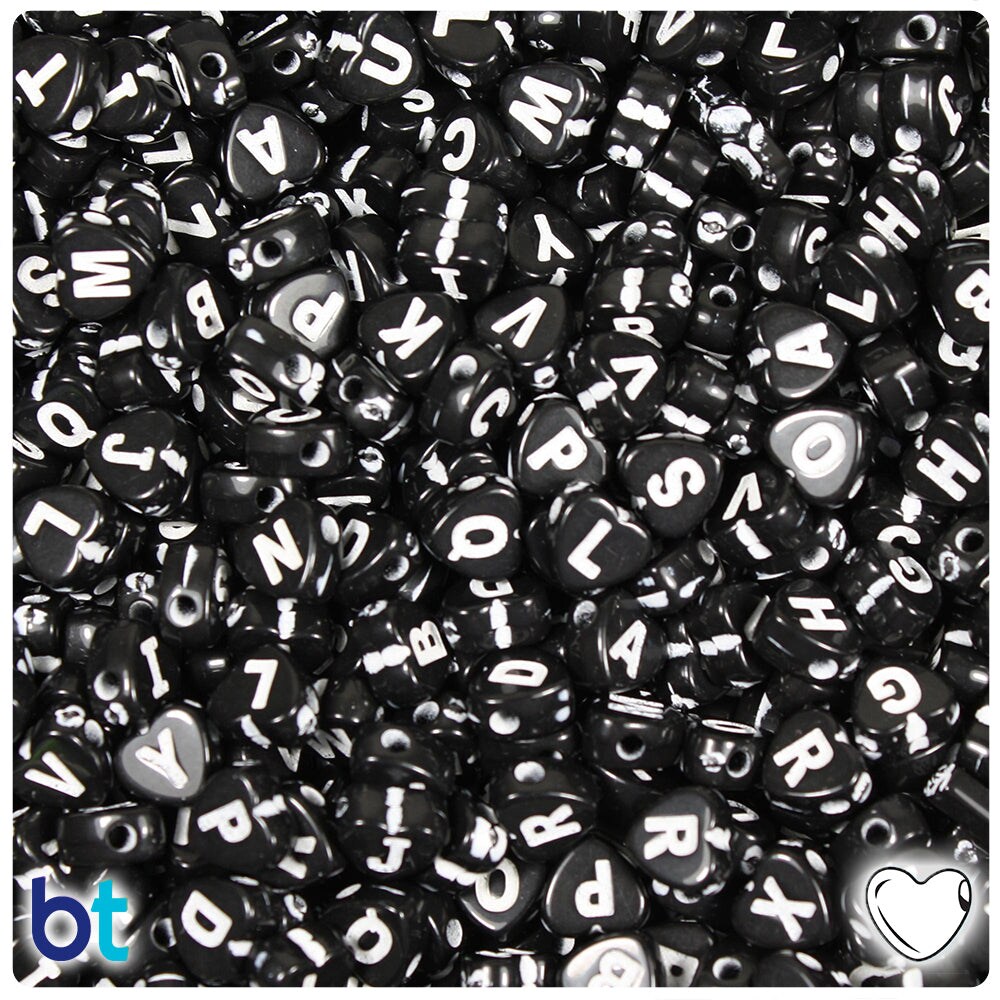 BeadTin Black Opaque 7mm Heart Plastic Alpha Beads - White Letter Mix (250pcs)