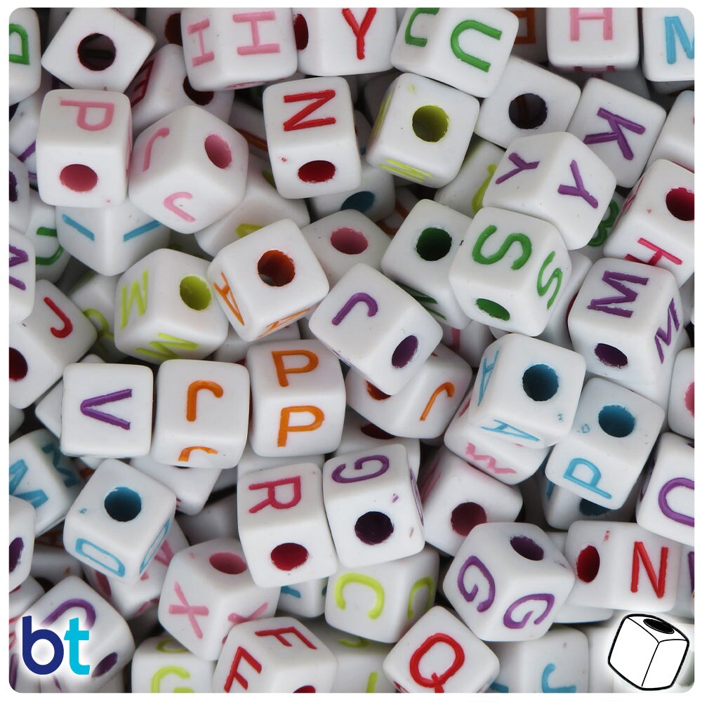 BeadTin White Opaque 10mm Cube Plastic Alpha Beads - Colored Letter Mix (100pcs)