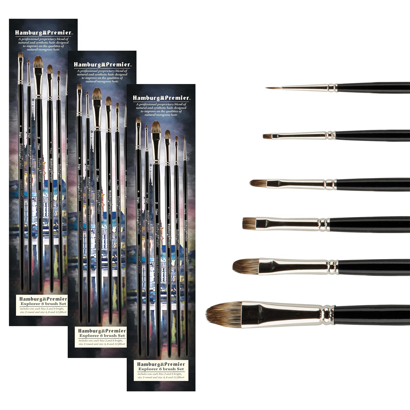Creative Mark Hamburg Premiere Professional Oil Painting Brushes - 3 Packs of Explorer Set of 6  Oil Paint Brushes - Handmade in Germany, Natural &#x26; Synthetic Blend, Long Triple-Lacquered Birch Handle