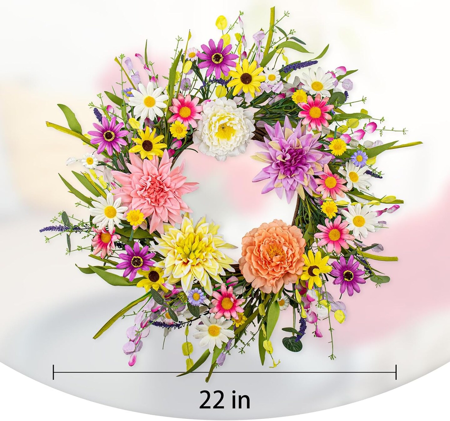 Artificial Summer Wreath 22 Inch Floral Wreaths for Front Door Summer Wreath with Dahlia Daisy Flowers for Indoor Porch Wall Holidays Easter Celebrations