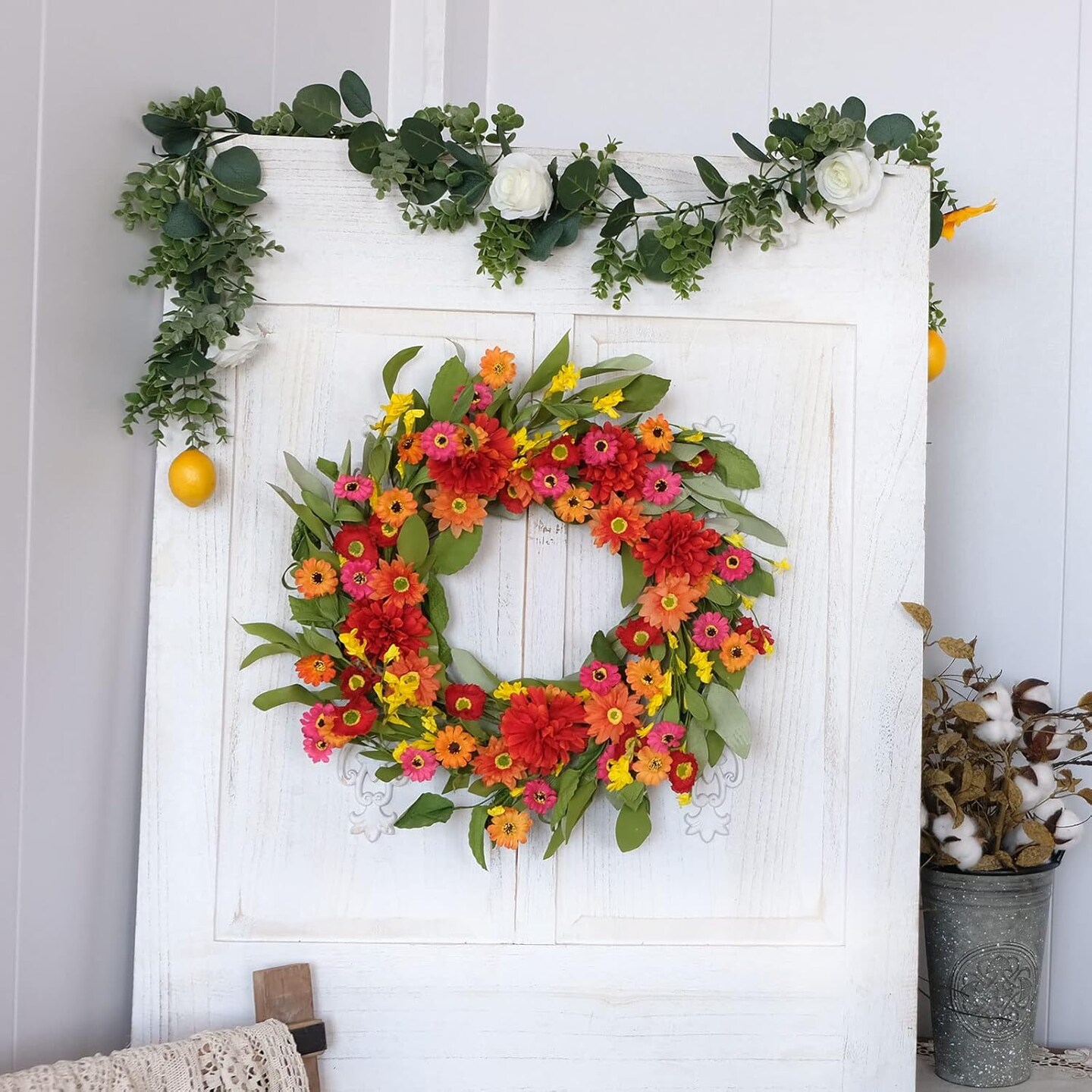 18 Inches Bright Summer Floral Wreath- Artificial Colorful Daisy and Green Leaves Wreath for Summer Indoor Decor
