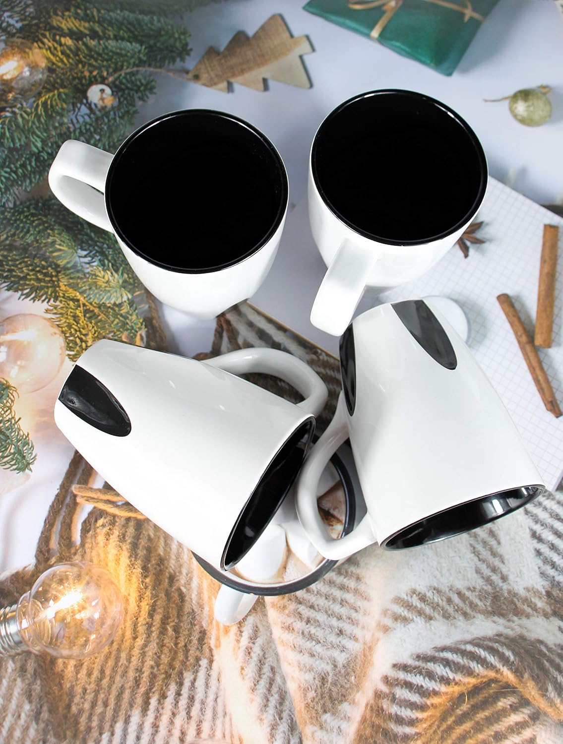 16oz large ceramic coffee mugs set of 4 White and black