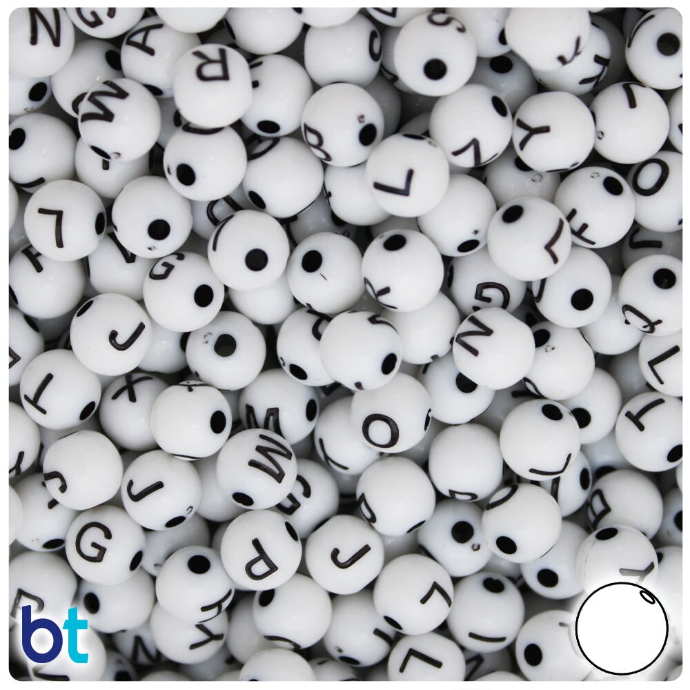 BeadTin White Opaque 8mm Round Plastic Alpha Beads - Black Letter Mix (200pcs)