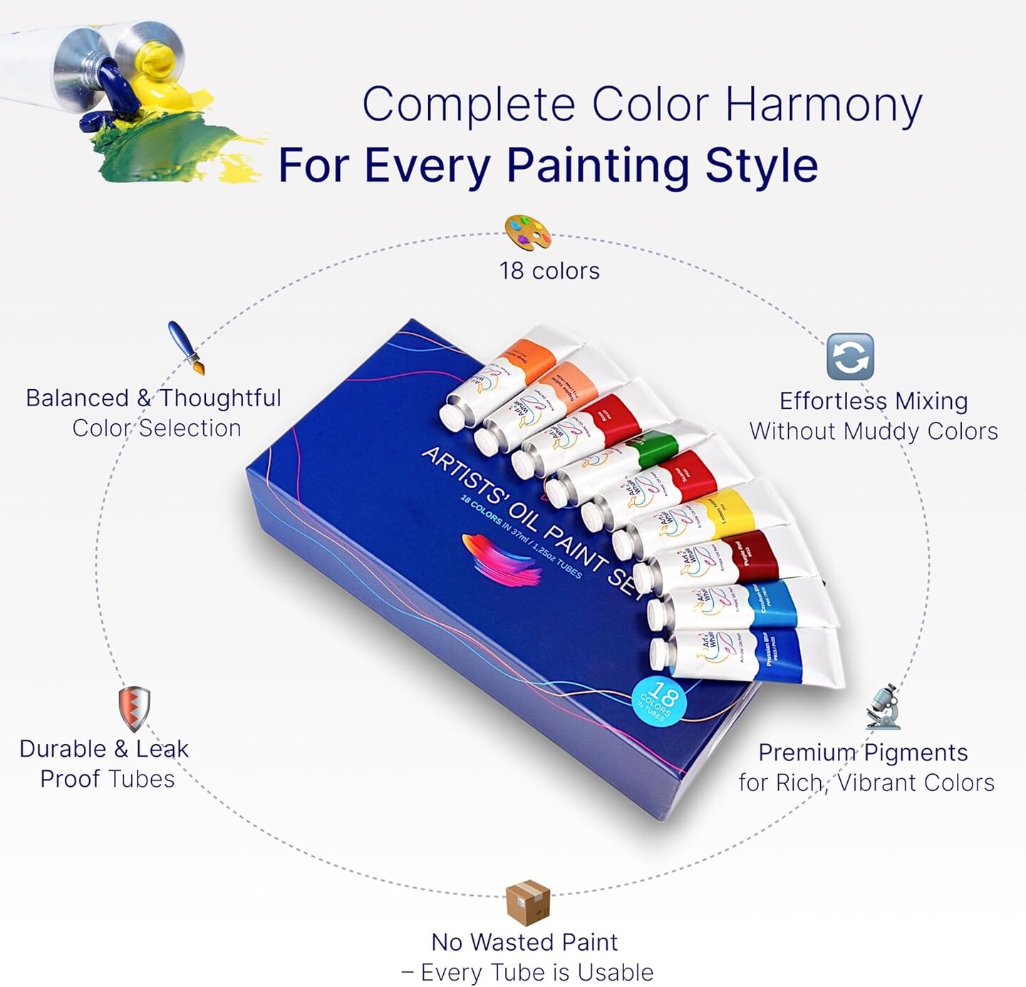 Oil Paint Set 18 Colors, 37ml/1.25 oz Tubes| Creamy, High Pigment, Smooth Blending