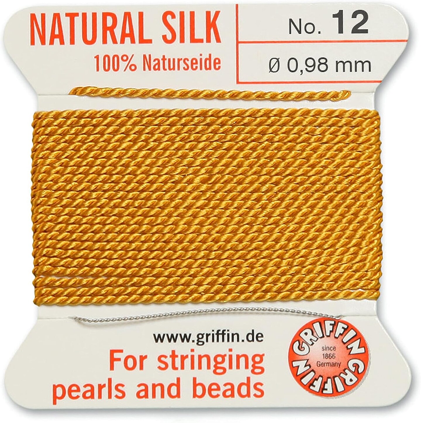 Griffin Silk Bead Cord Perlseide – Size 12 (0.98mm) – 2 Meters per Card – Stainless Steel Needle Attached – for Knotting Pearls, Gemstones, Crystals and Beads