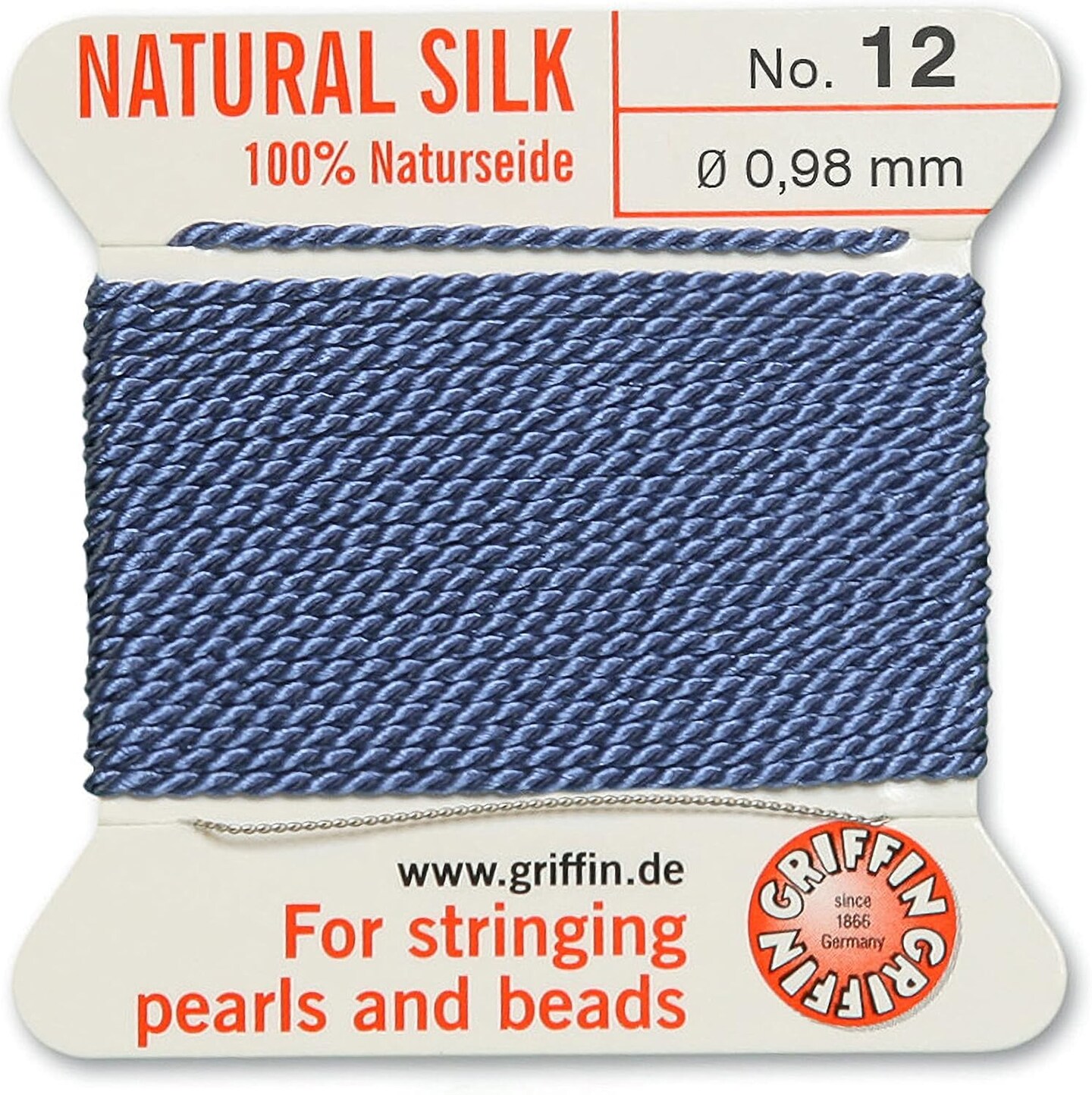 Griffin Silk Bead Cord Perlseide – Size 12 (0.98mm) – 2 Meters per Card – Stainless Steel Needle Attached – for Knotting Pearls, Gemstones, Crystals and Beads