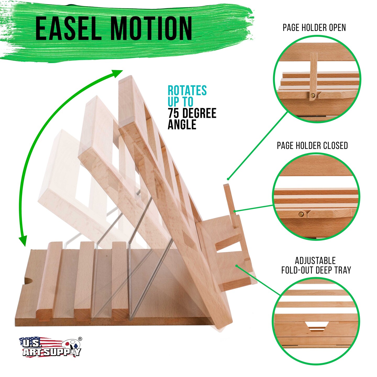 Large Wooden Table Easel - Adjustable Incline, 2 Page Holders - Functions as Wooden Cookbook Stand, Kitchen Countertop Recipe Rack, Tablet Rest & Cook Book Holder for Kitchen Counter