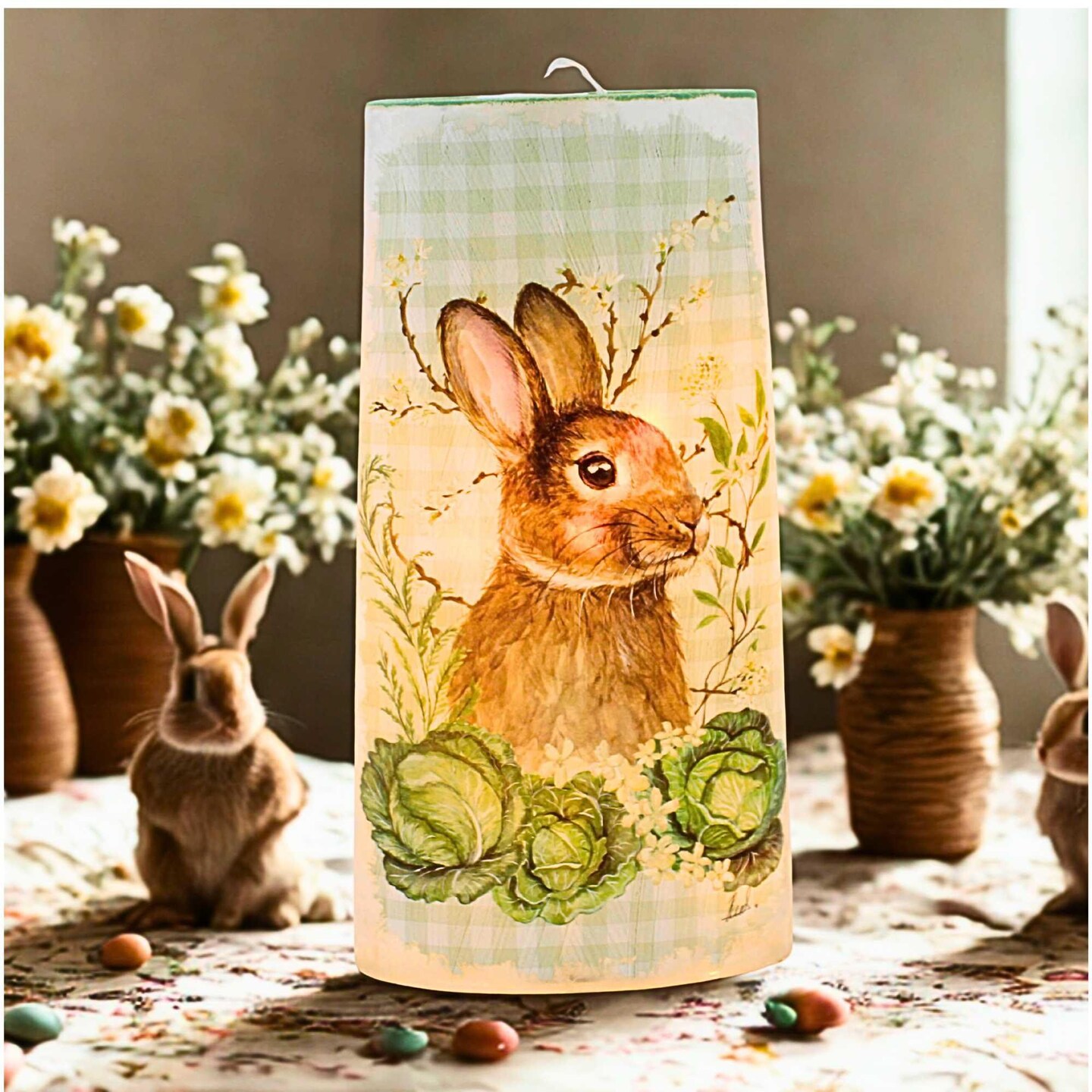 Stony Creek 10.0 Inch Spring Bunnies Pre-Lit Glass Vase Easter Lighted Glass Accent , Timer Led Spring