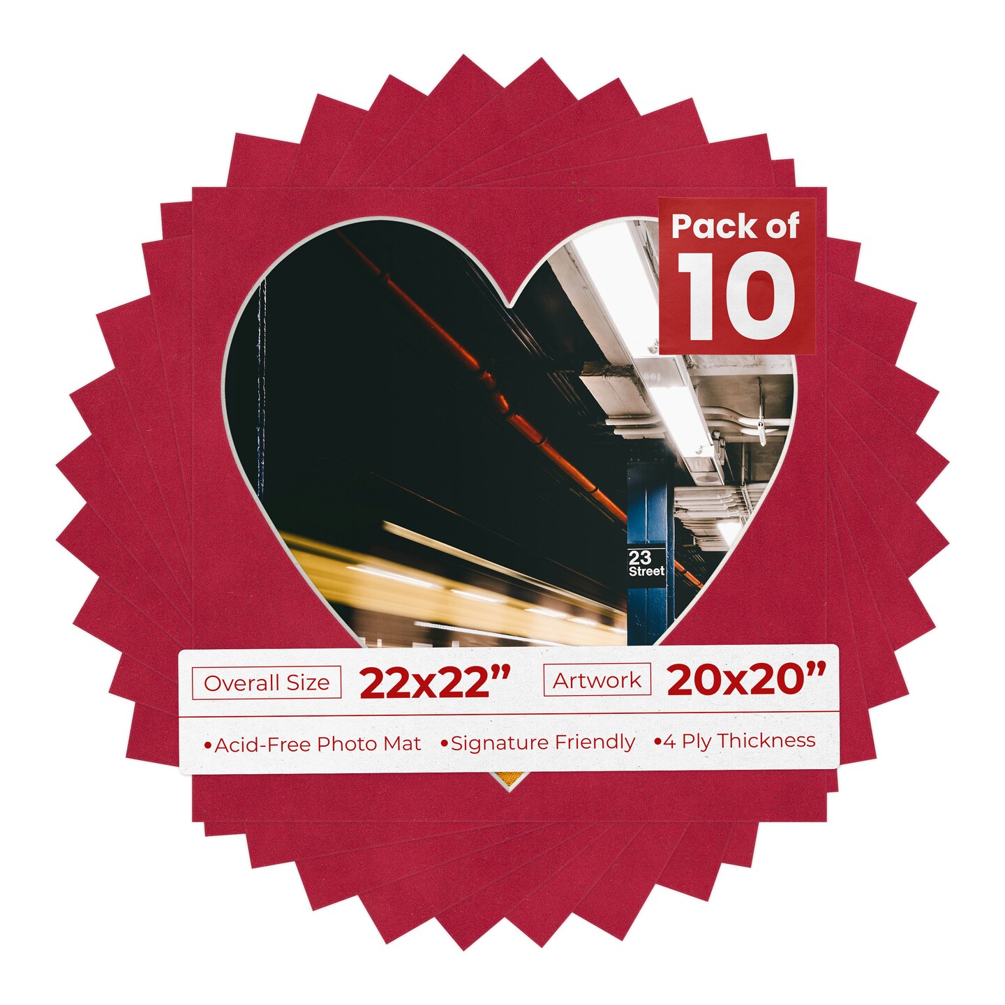 Red Suede Mat Board for 22x22 Frames - Heart Opening for 20x20 Photos