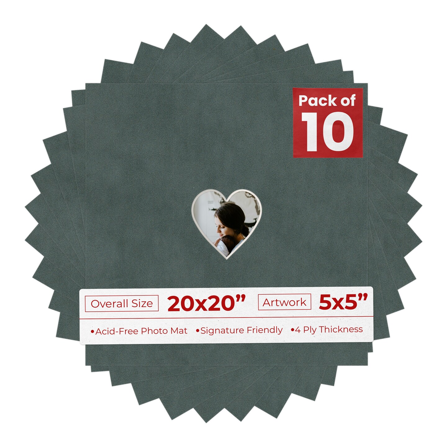 Dark Grey Suede Mat Board for 20x20 Frames - Heart Opening for 5x5 Photos