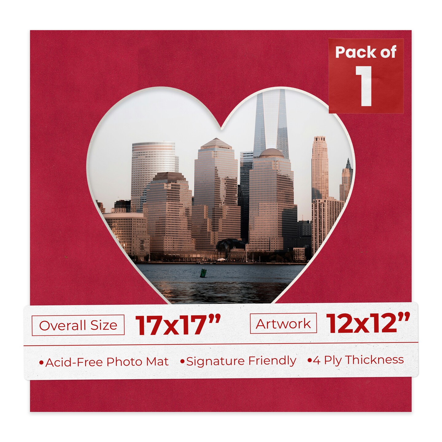 Red Suede Mat Board for 17x17 Frames - Heart Opening for 12x12 Photos