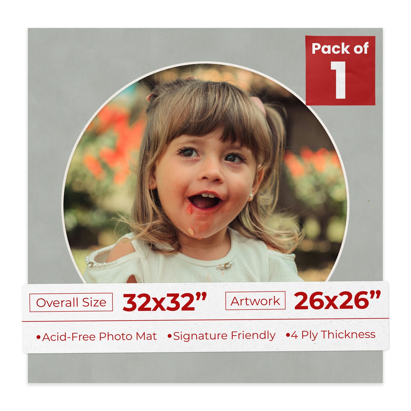 Light Grey Suede Mat Board for 32x32 Frames - Circle Opening for 26x26 Photos