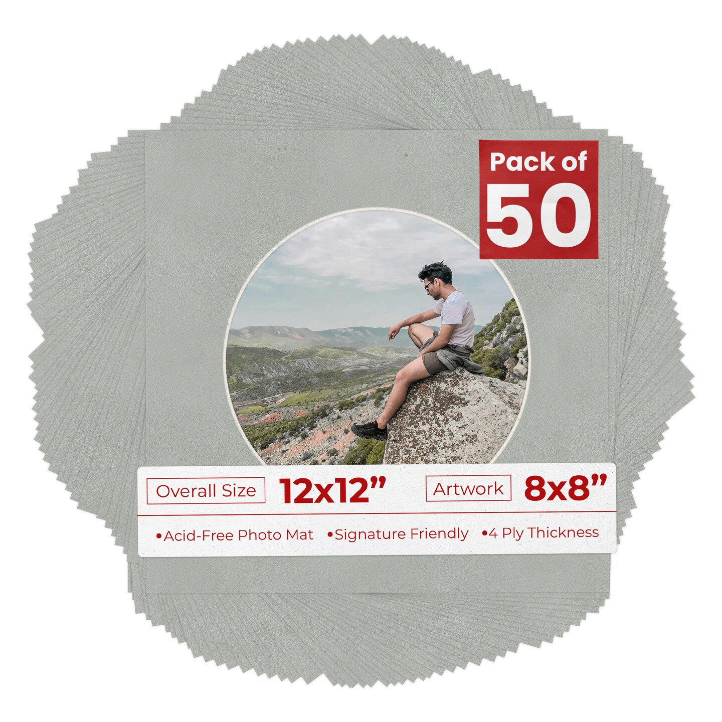 Light Grey Suede Mat Board for 12x12 Frames - Circle Opening for 8x8 Photos