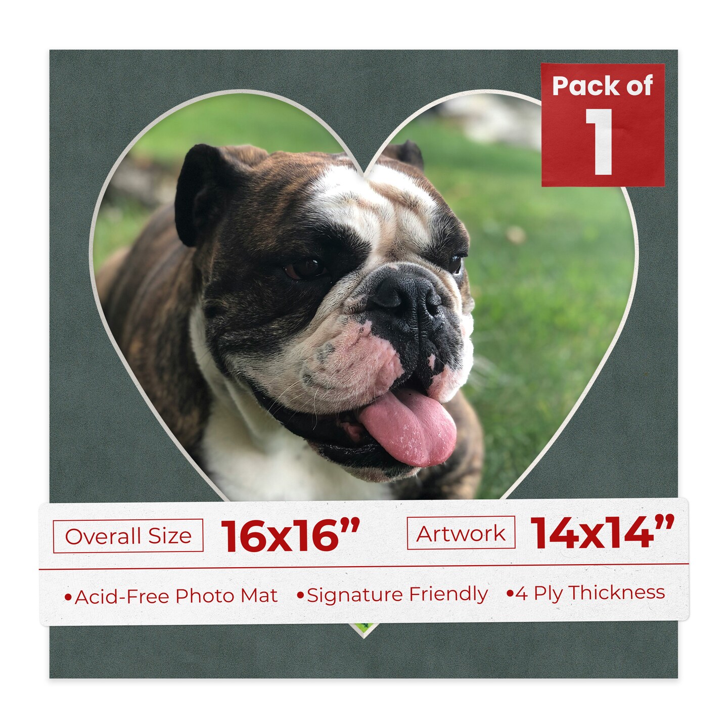 Dark Grey Suede Mat Board for 16x16 Frames - Heart Opening for 14x14 Photos