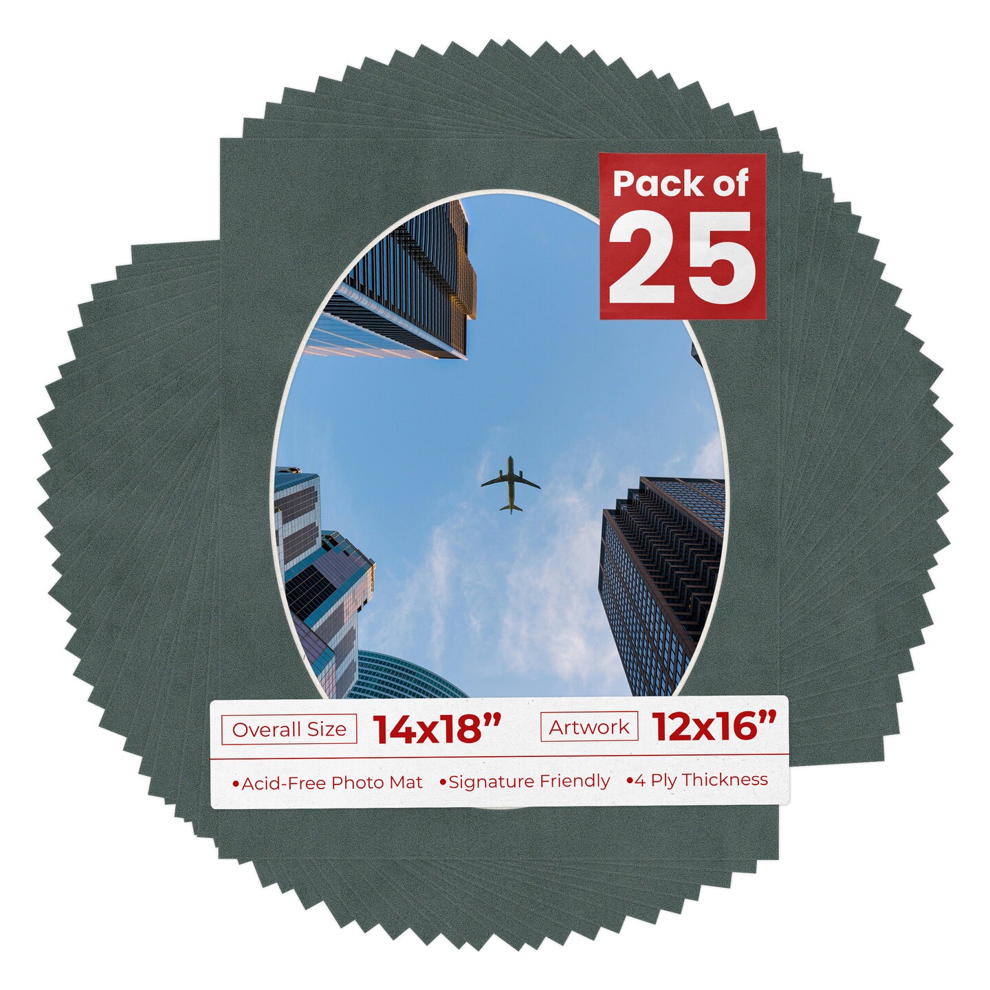 Dark Grey Suede Mat Board for 14x18 Frames - Oval Opening for 12x16 Photos