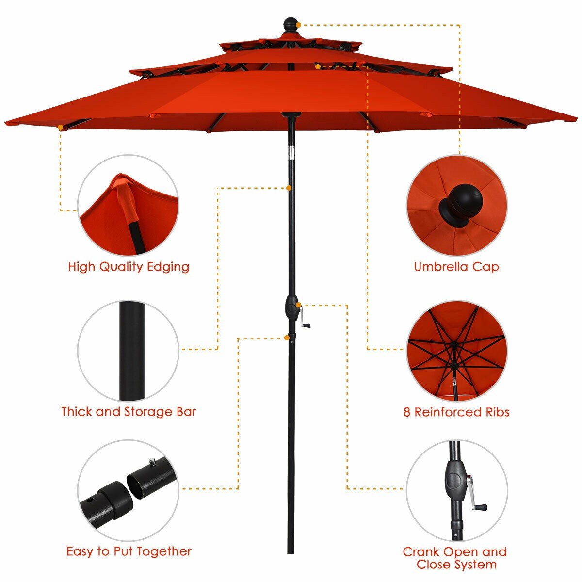 Outdoor 10 ft 3-Tier Double-Vented Patio Umbrella with Aluminum Pole (No Base)