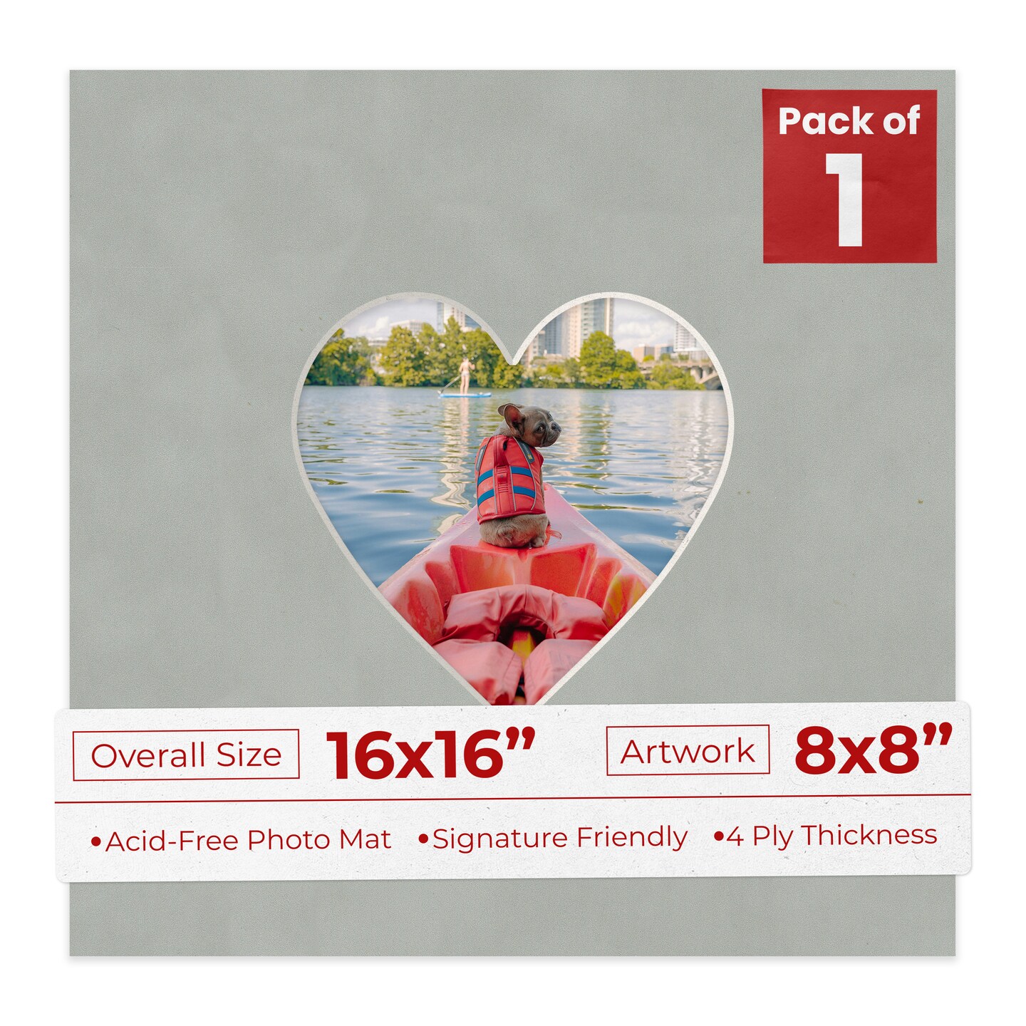Light Grey Suede Mat Board for 16x16 Frames - Heart Opening for 8x8 Photos