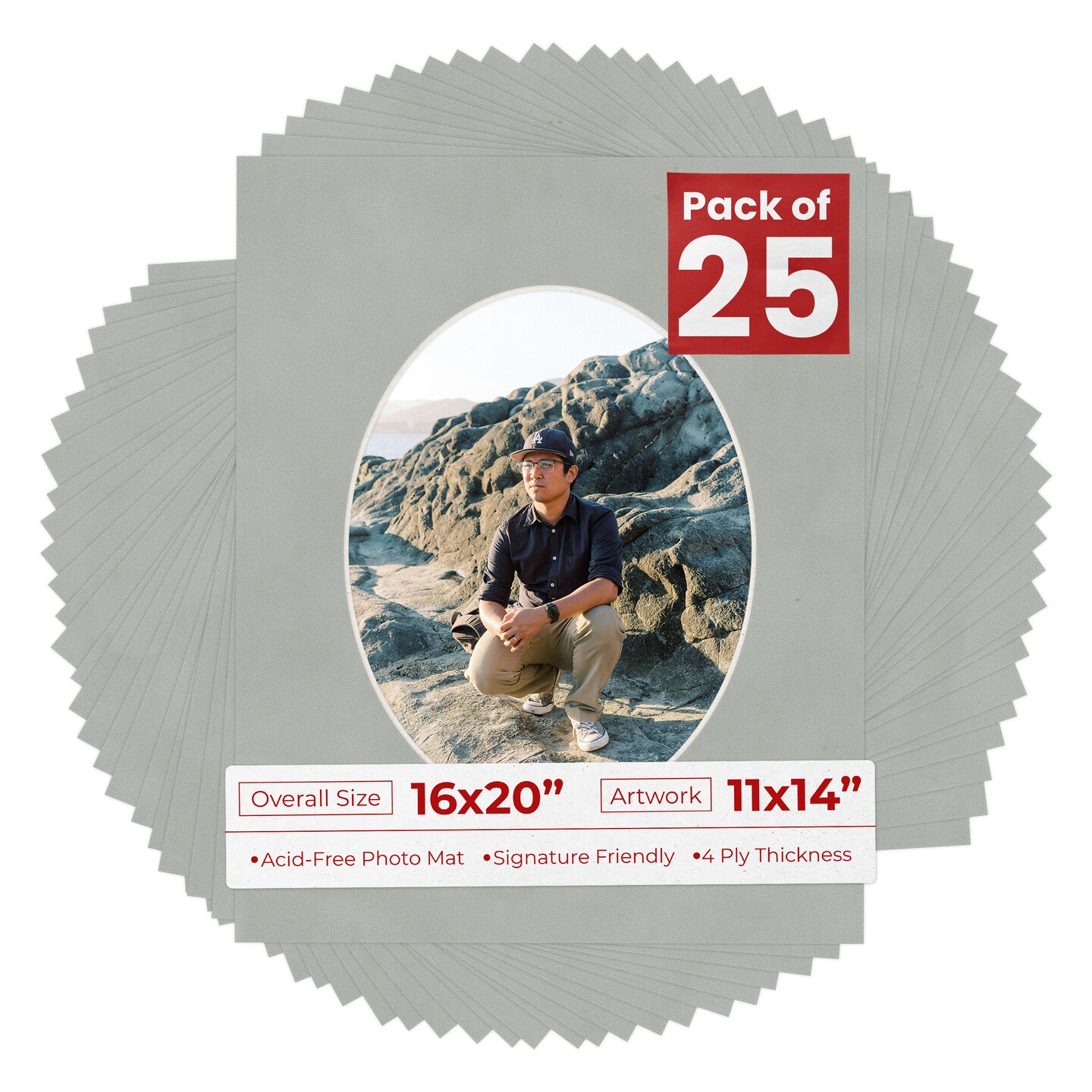 Light Grey Suede Mat Board for 16x20 Frames - Oval Opening for 11x14 Photos