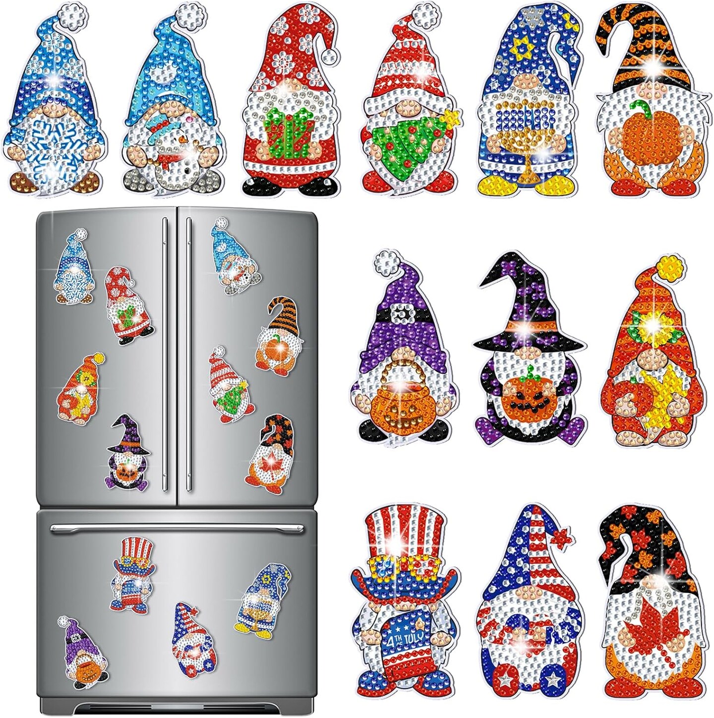 12-Piece Diamond Art Refrigerator Magnets – DIY Holiday Gnome Kits for Adults and Beginners, Interchangeable Home Decor and Craft Gifts