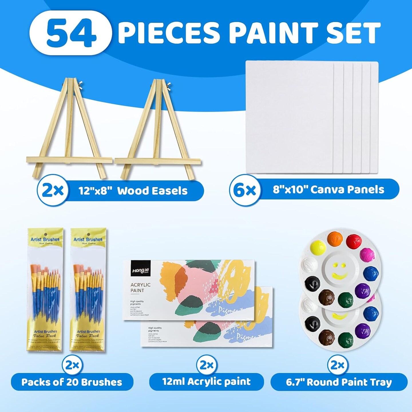 Acrylic Paint Canvas Set, Acrylic Painting Kit with 2 Pack of 12 Colors Acrylic Paint, 2 Sets of Wooden Easels, 6 Canvas, 20 Brushes & 2 Palettes, Art Painting Supplies Valentines Day Gift