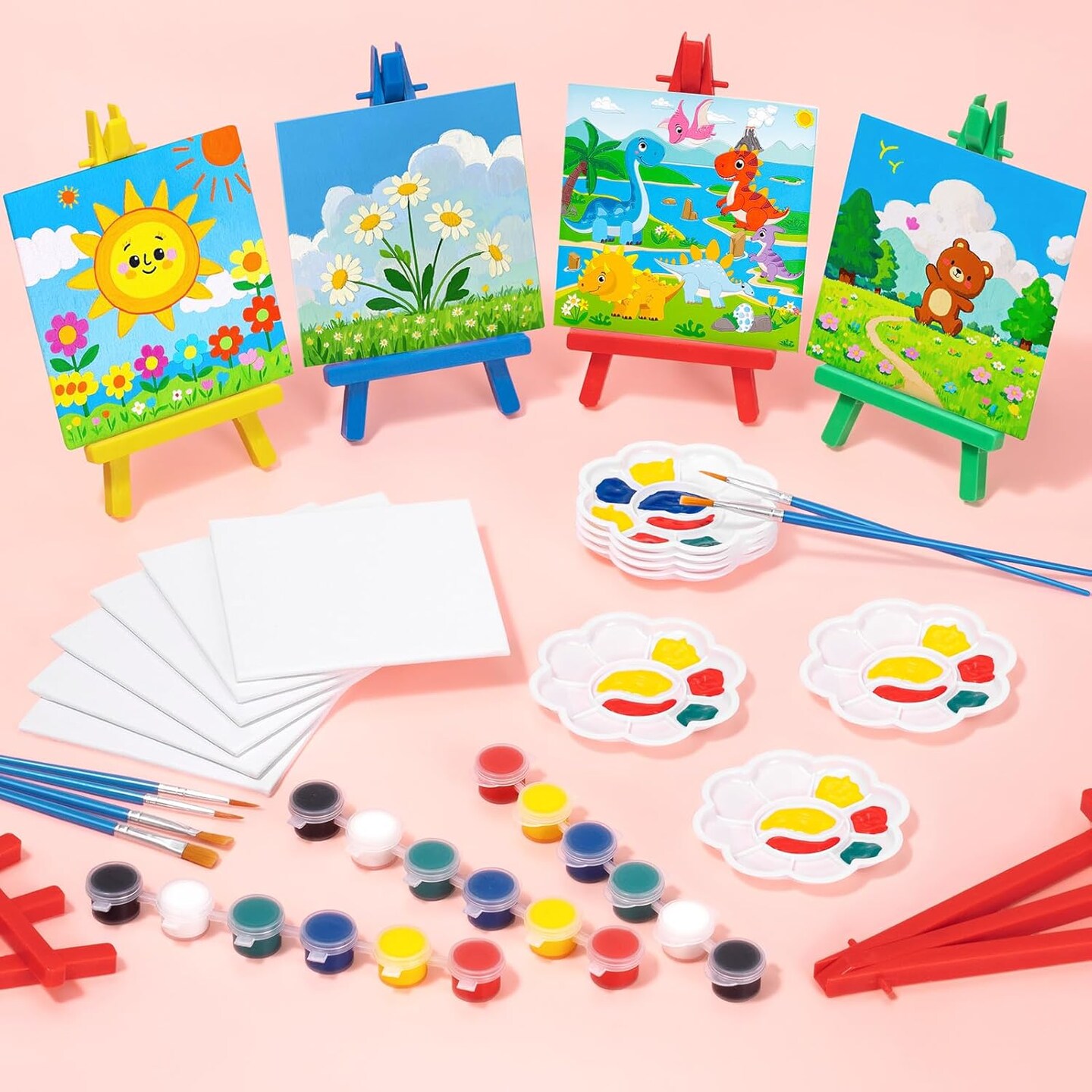 24 Set Mini Acrylic Paint Kit with Canvas, Plastic Easel, Brushes, Palette, Painting Kits for Kids Girls Boys, Art Set Gifts for Classroom Prizes Birthday Party Favors Easter Basket Stuffers