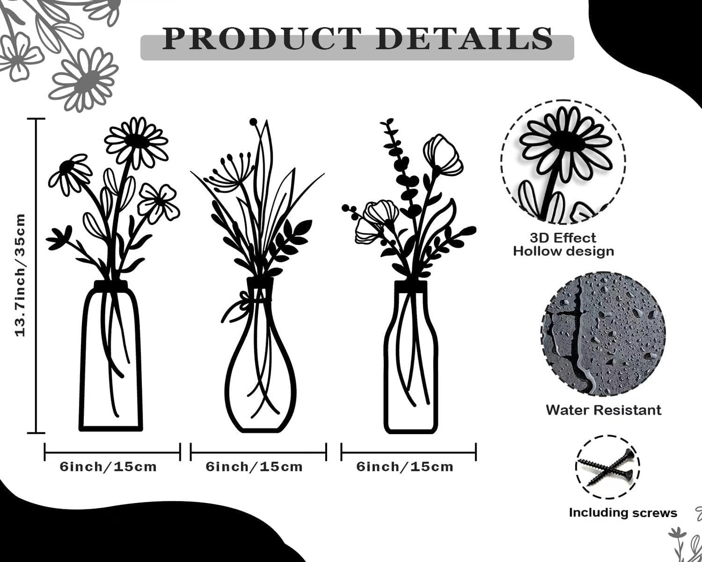 Black Metal Flower Wall Art Set of 3 Rustic Farmhouse Minimalist Floral Decor