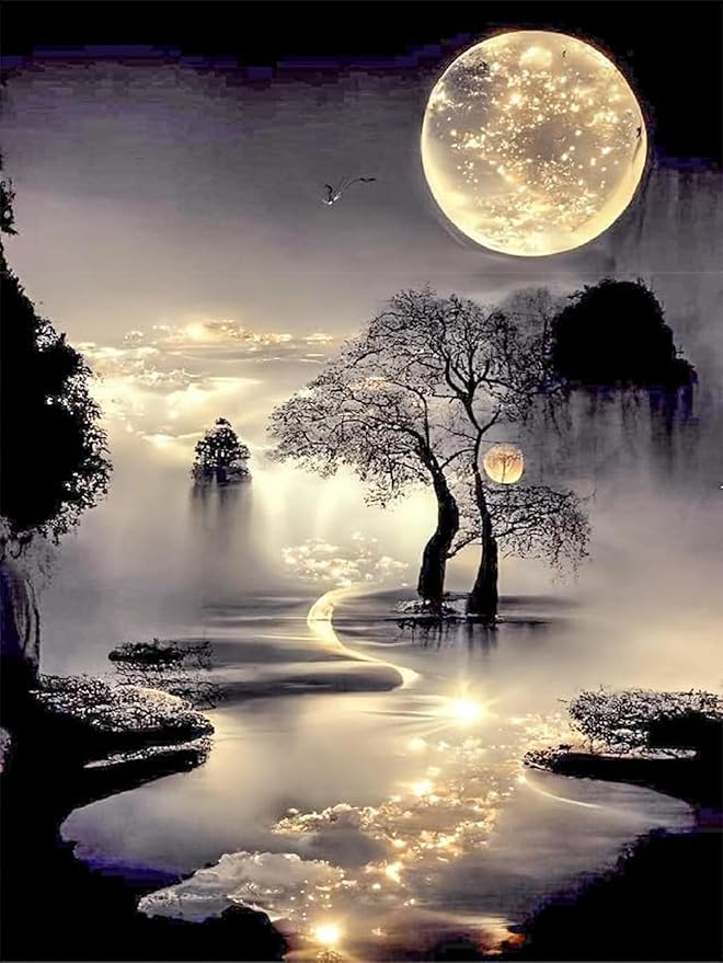 Diamond Painting Kits for Adults Beginners,Moon Diamond Art Kits for Adults,5D Moonlight Landscape Diamond Painting Kits DIY Diamond Art Dots Crafts Kits,Home Wall Decor Gifts 12x16in